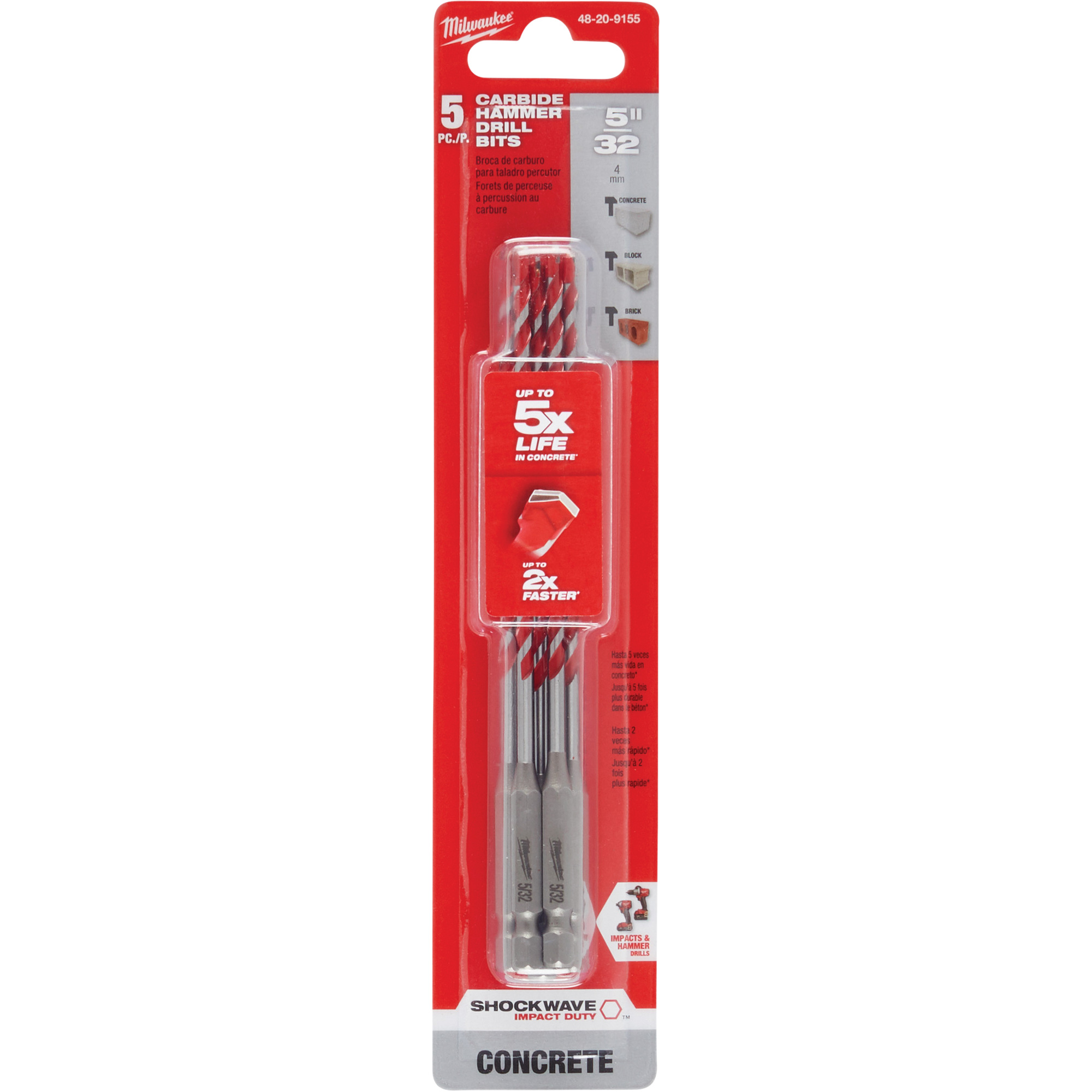 Foret à queue réduite pour perceuse à percussion ShockwaveMC, 5/32", Tige Hexagonale, Carbure