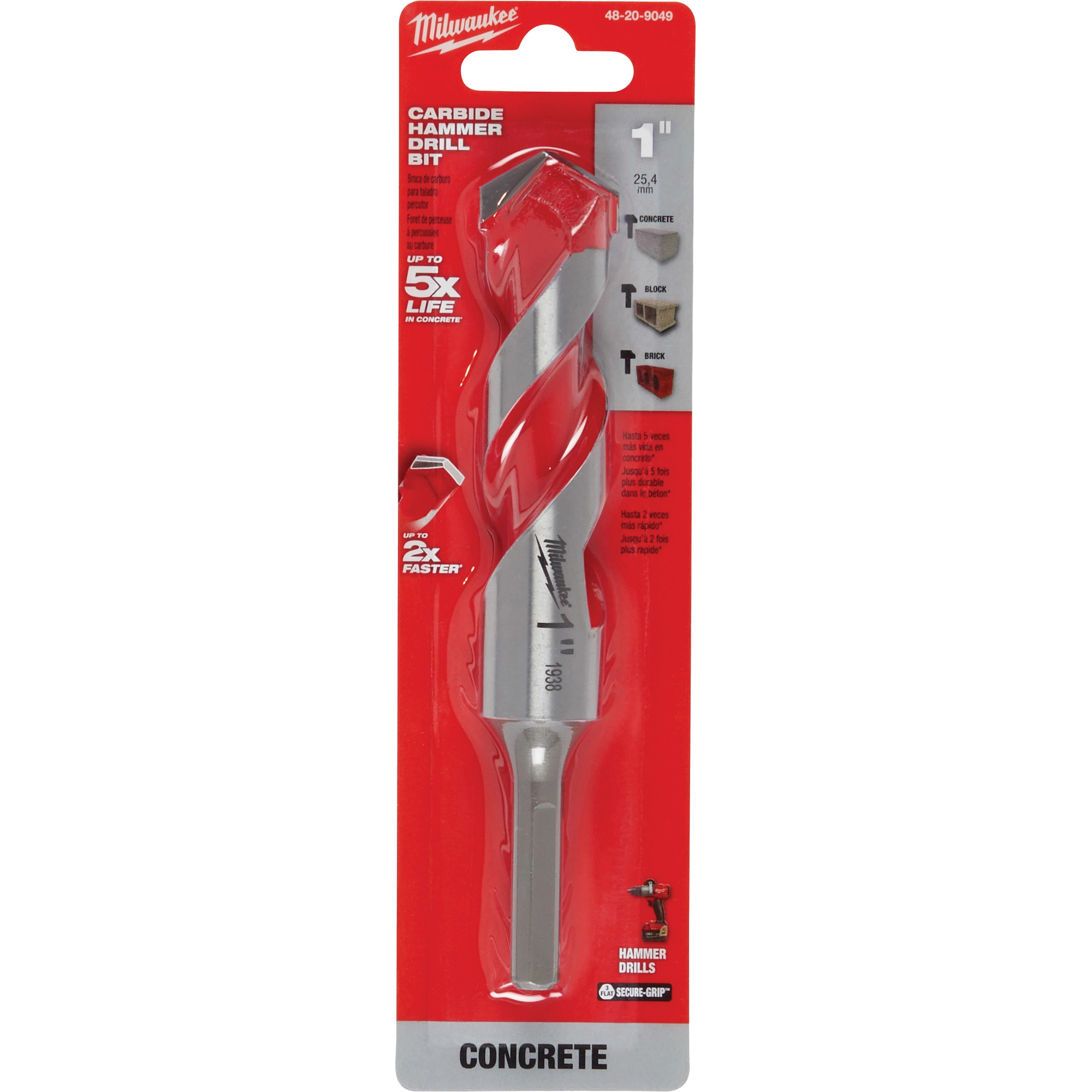 Foret pour perceuse à percussion, 1", Tige 3 méplats, Carbure
