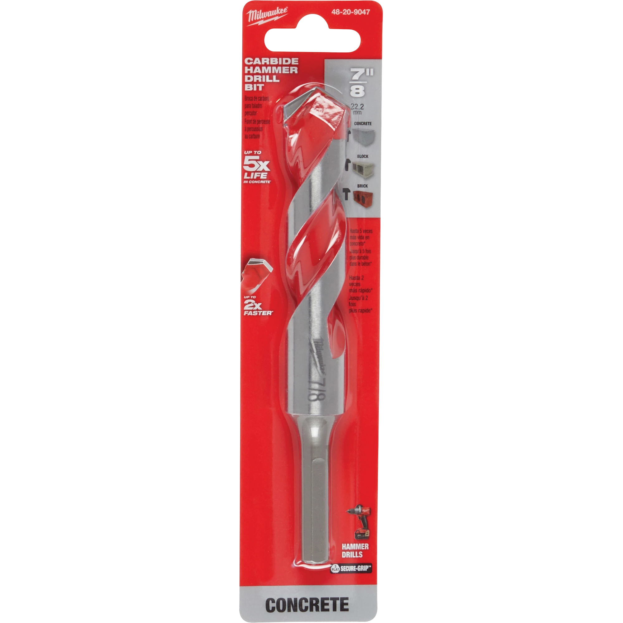 Foret pour perceuse à percussion, 7/8", Tige 3 méplats, Carbure
