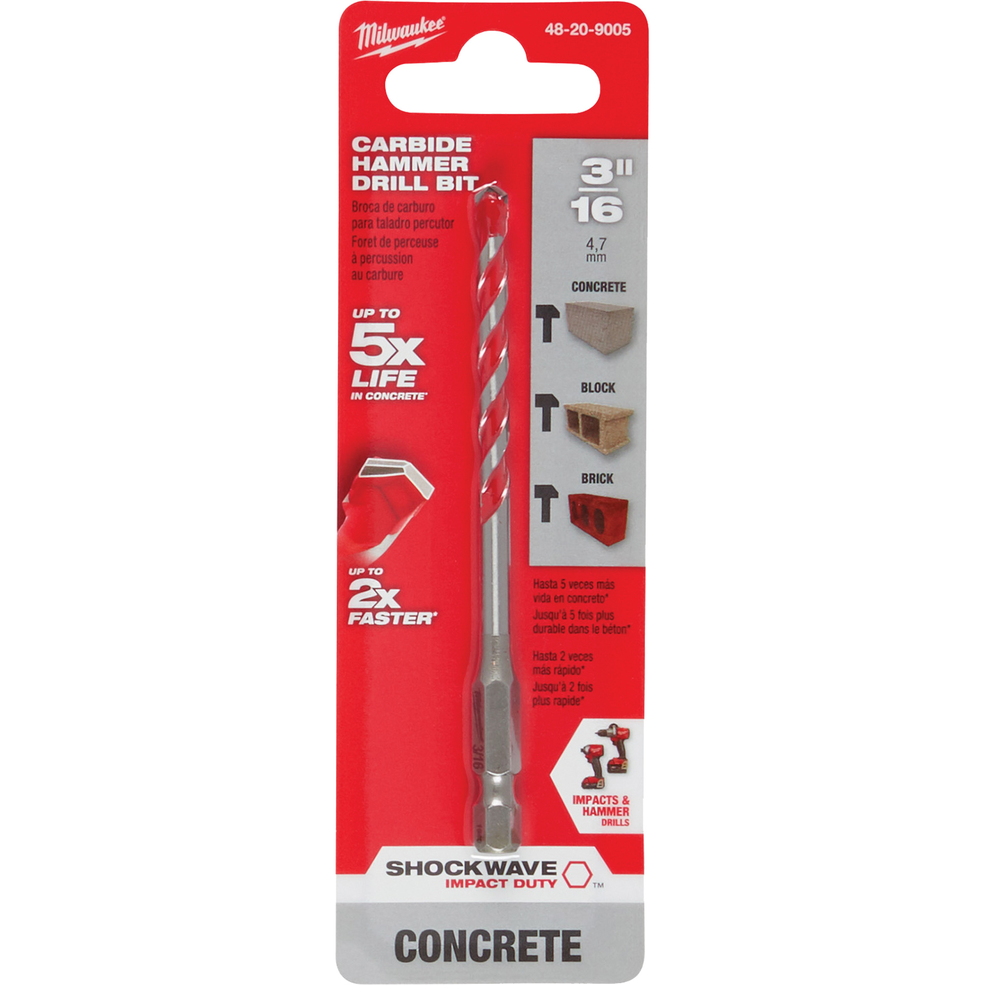Foret pour perceuse à percussion ShockwaveMC, 3/16", Tige Hexagonale, Carbure