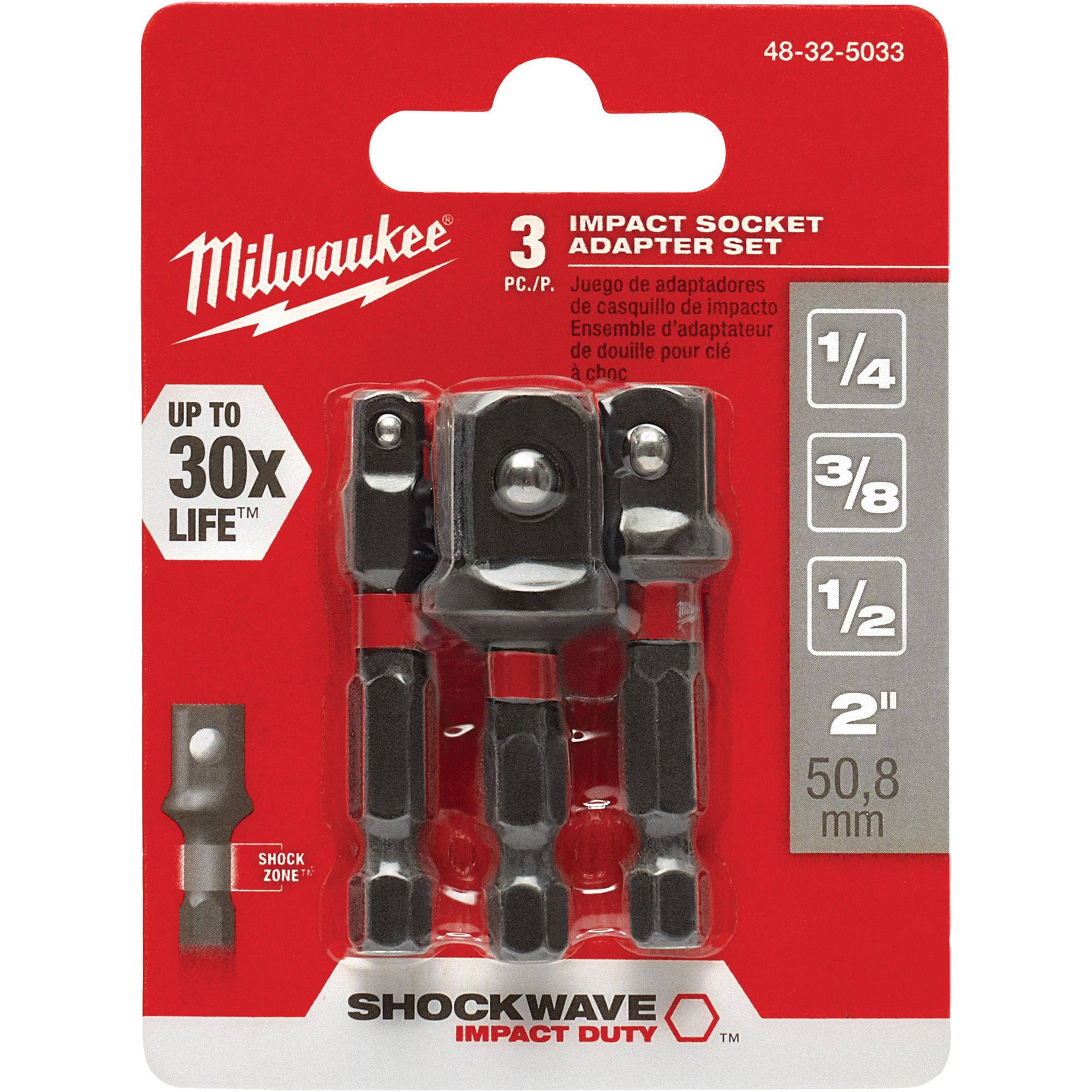 Jeu d'adaptateur de douilles à chocs ShockwaveMC, 1/4" Prise, Sphérique, 1-7/8" lo
