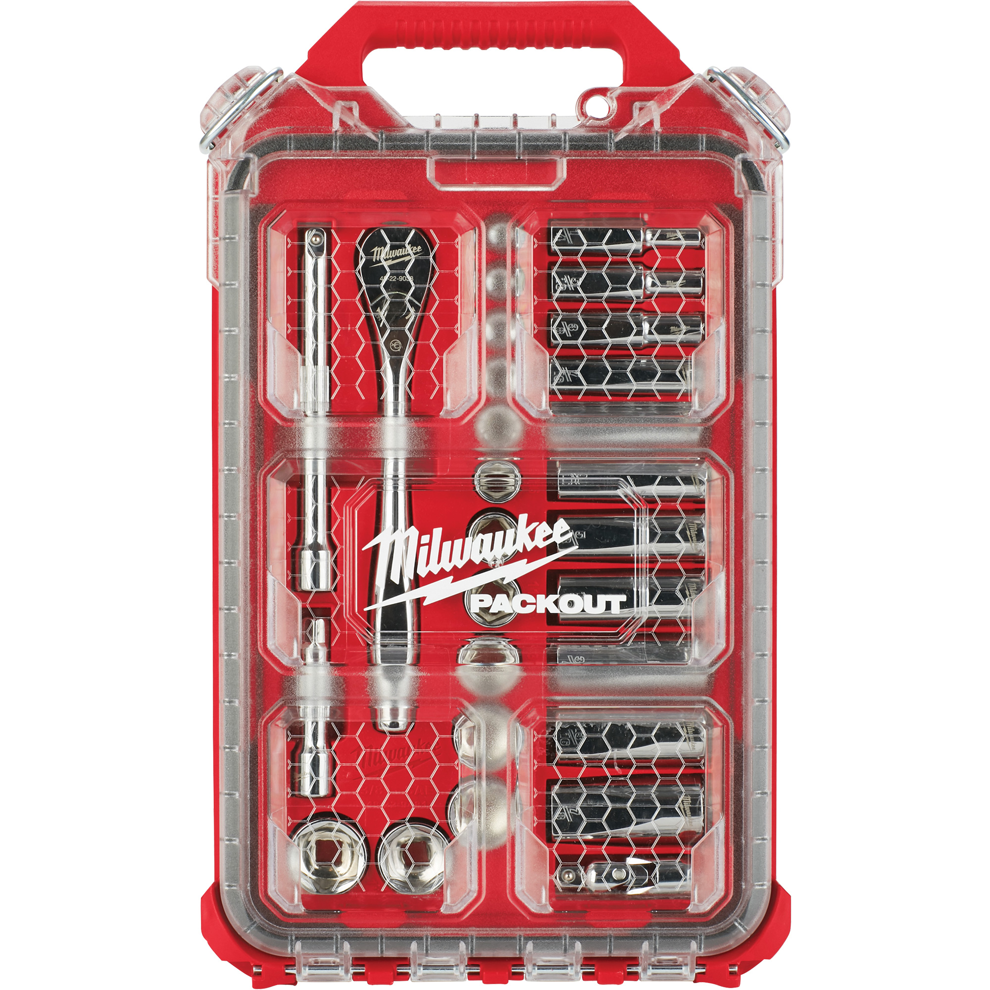 Jeu de cliquet et douilles avec organisateur compact à profil bas PackoutMC, 28 Mcx, Prise de 3/8", Profond