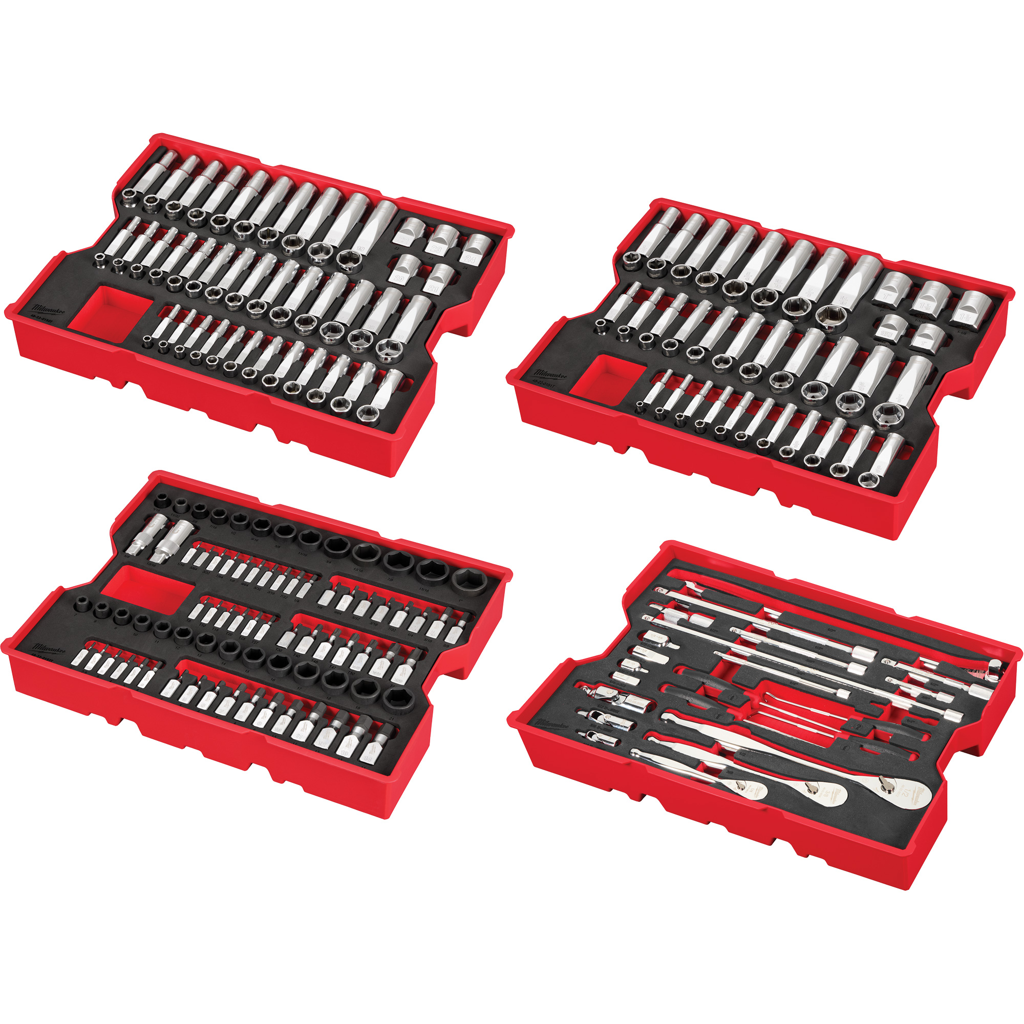 Jeu de cliquets et douilles métriques et SAE avec organisateur PACKOUTMC à profil bas, 242 Mcx, Chocs, Prise de 1/4"/3/8"/1/2", Profond