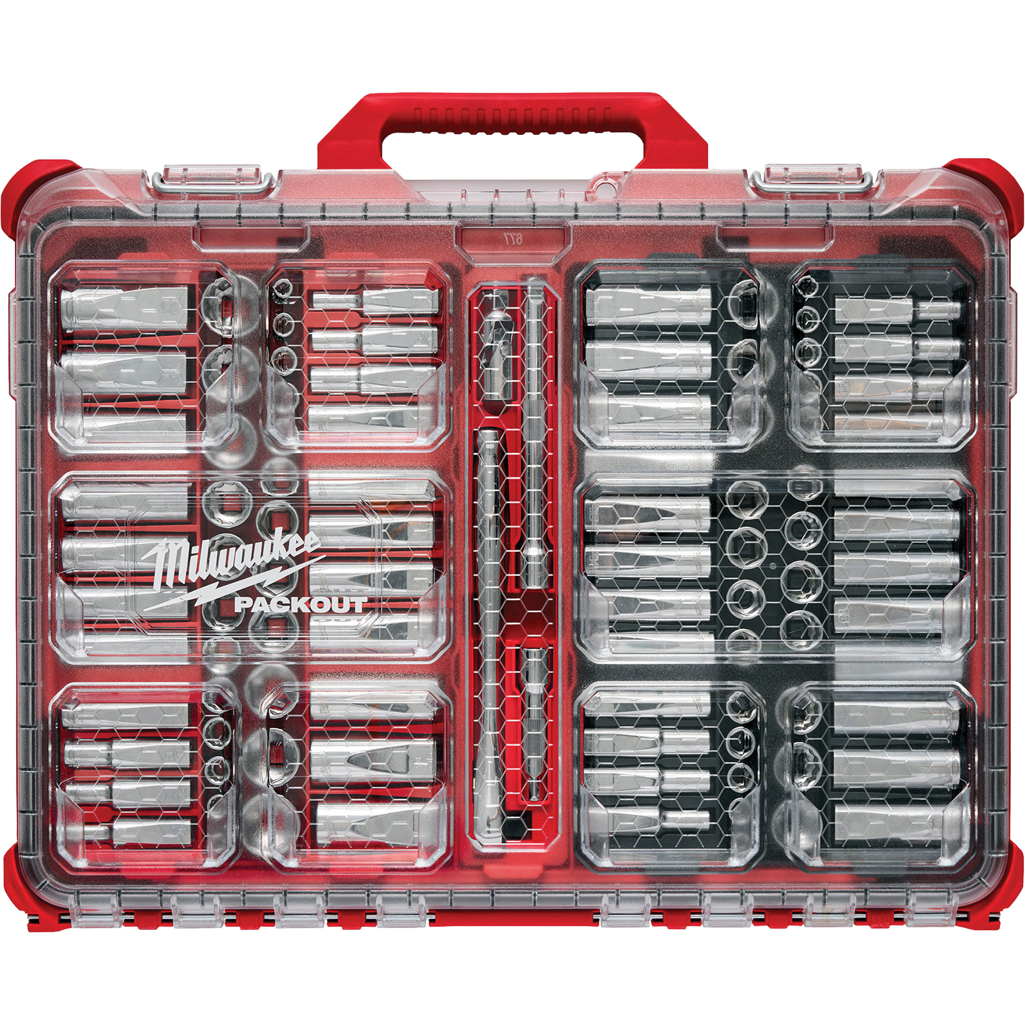 Jeu de cliquets et douilles métriques/SAE avec organisateur PACKOUTMC à profil bas, 98 Mcx, Prise de 3/8"