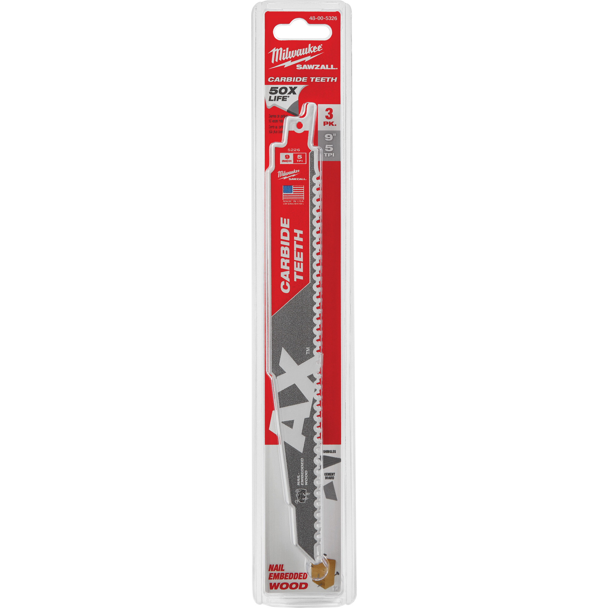 Lame AxMC SawzallMD, Carbure, 5 Dents par pouce, 9" lo x 1" la