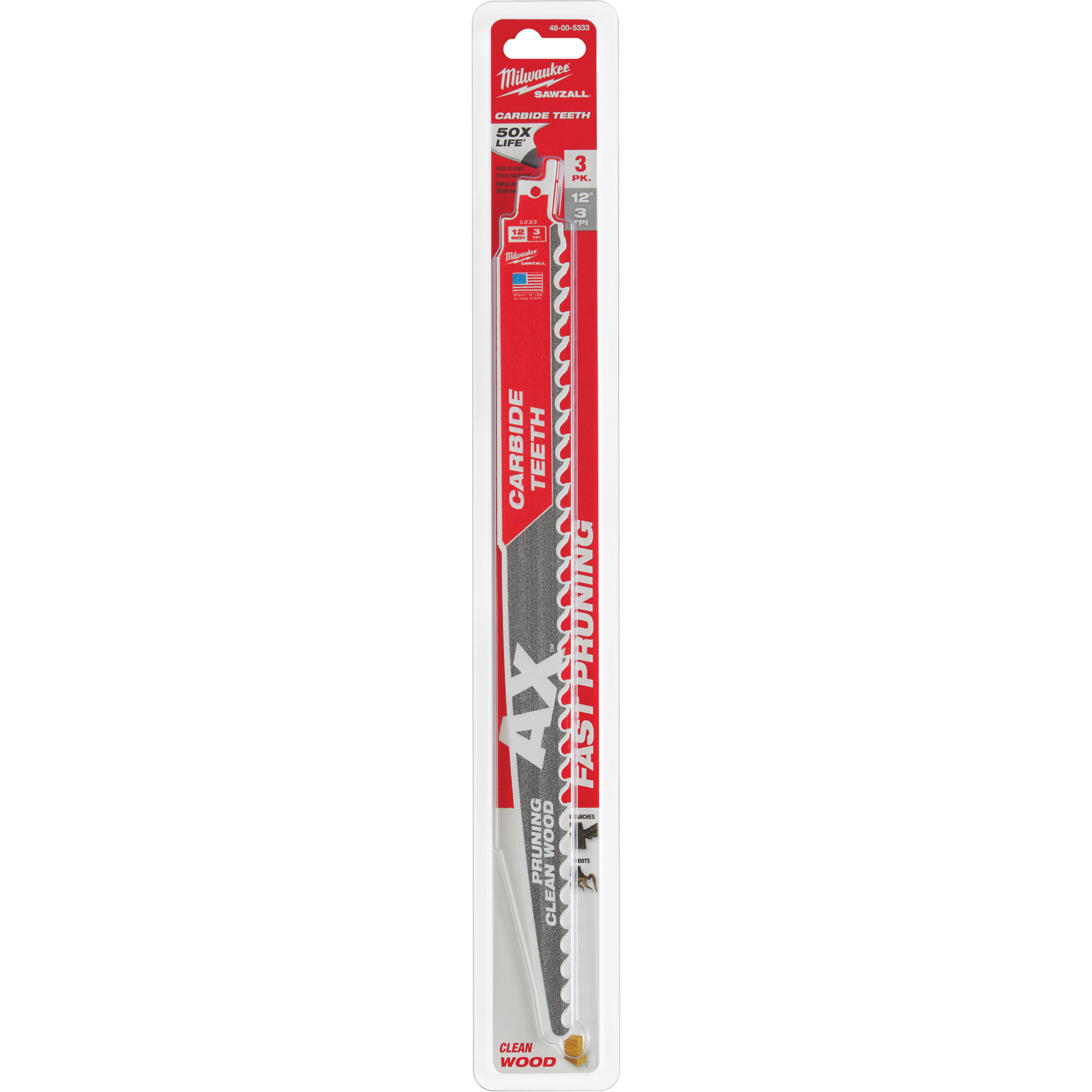 Lame AxMC SawzallMD pour l'élagage et le nettoyage du bois, Carbure, 3 Dents par pouce, 12" lo x 1" la