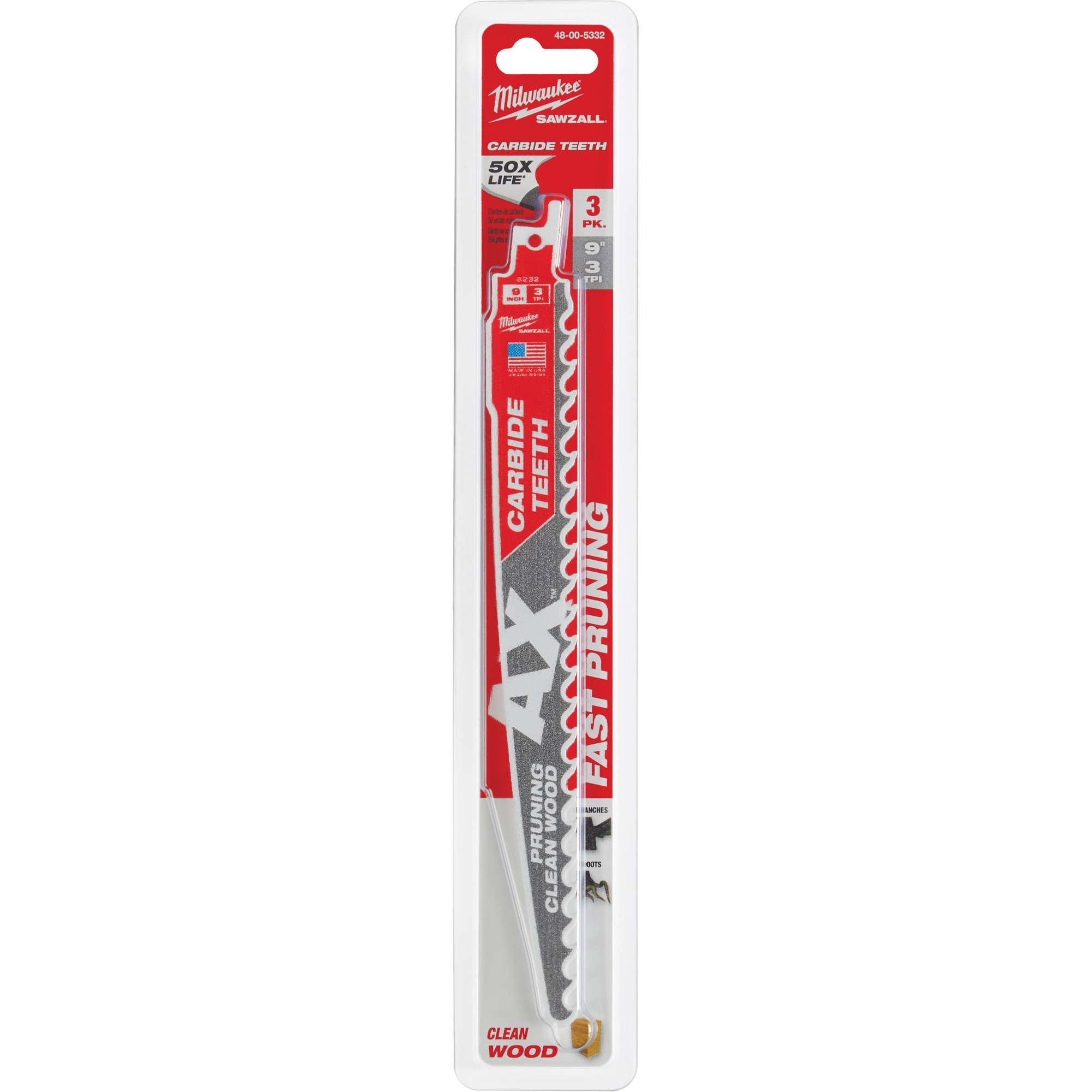 Lame AxMC SawzallMD pour l'élagage et le nettoyage du bois, Carbure, 3 Dents par pouce, 9" lo x 1" la