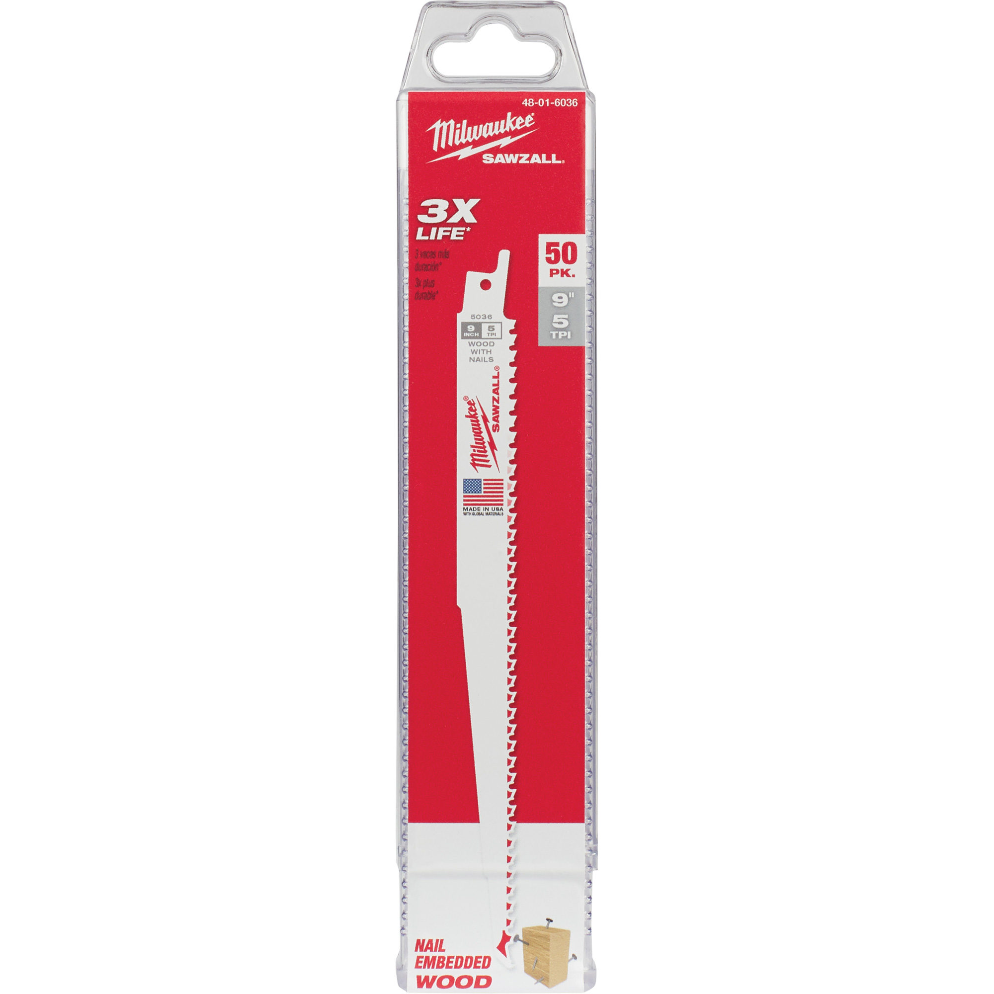 Lames de scie alternative SawzallMD, Bimétal, 5 Dents par pouce, 9" lo x 3/4" la