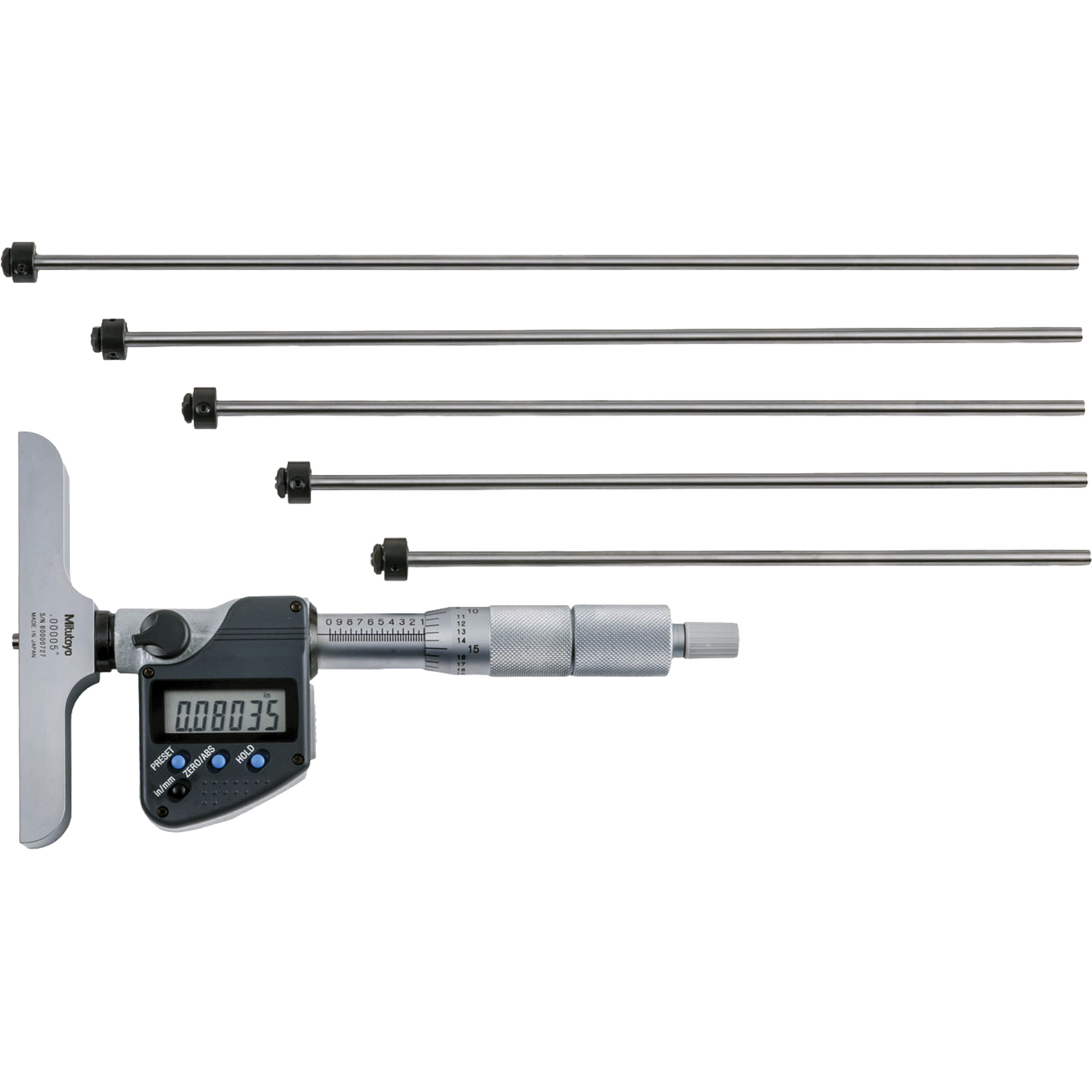 Micromètre de profondeur numérique avec tiges interchangeables, 0" - 12" (0 mm - 304.8 mm) gamme de mesure, Résolution de 0,00005" (0,001 mm)