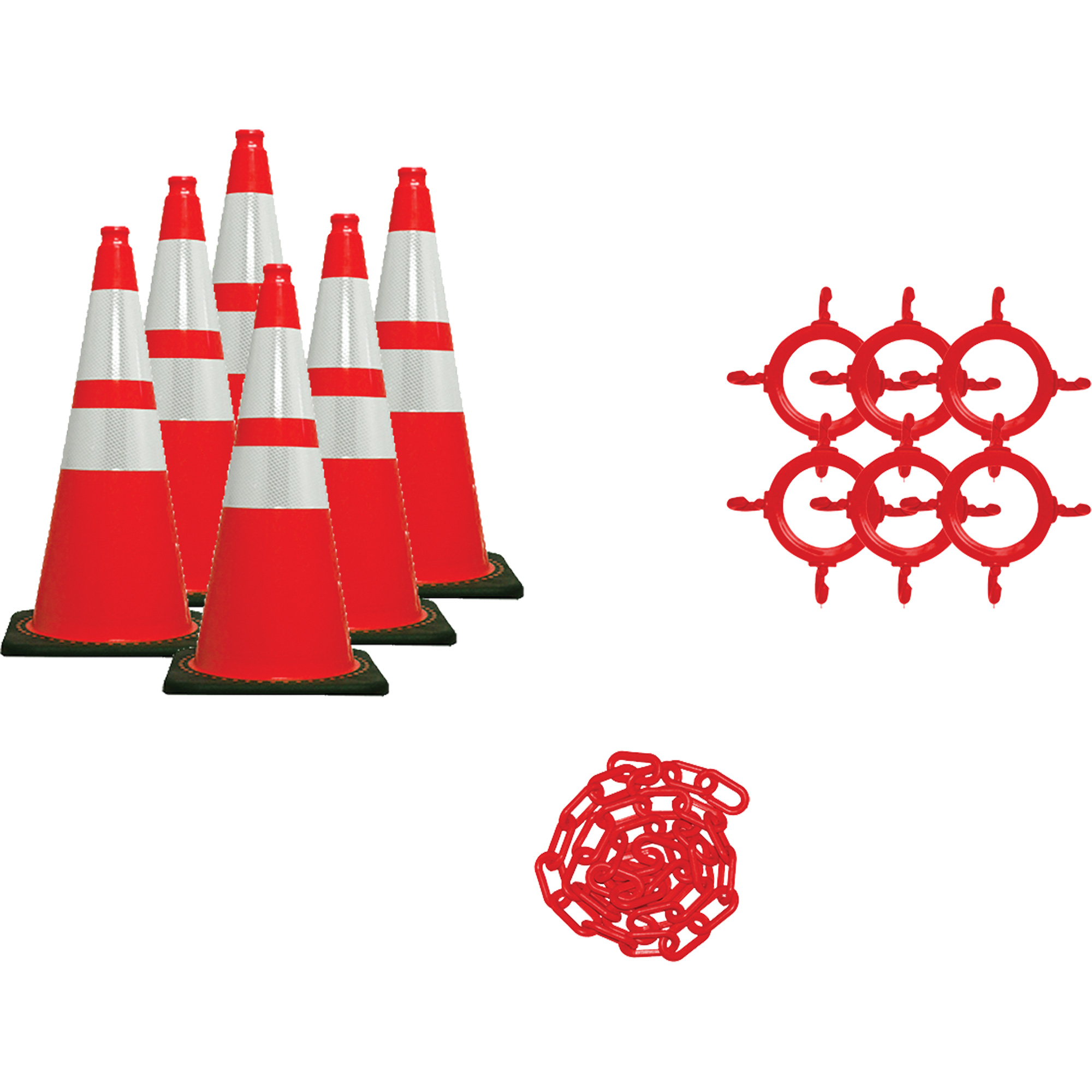 Ensemble de cônes de signalisation et chaînes, 28", Orange, Bande(s) réfléchissante(s) 4" & 6"