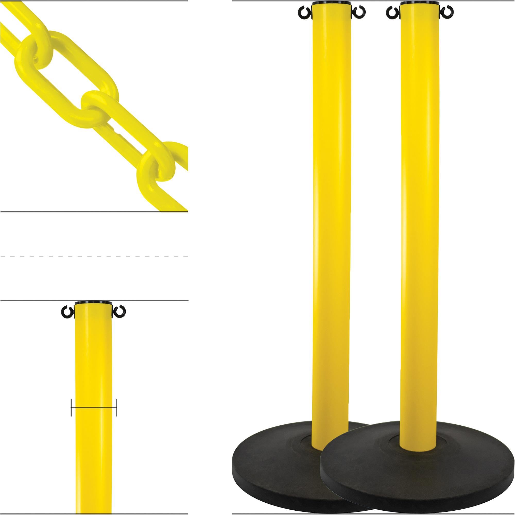 Ensemble de montants industriels avec chaîne en plastique, Hauteur de 37", Jaune