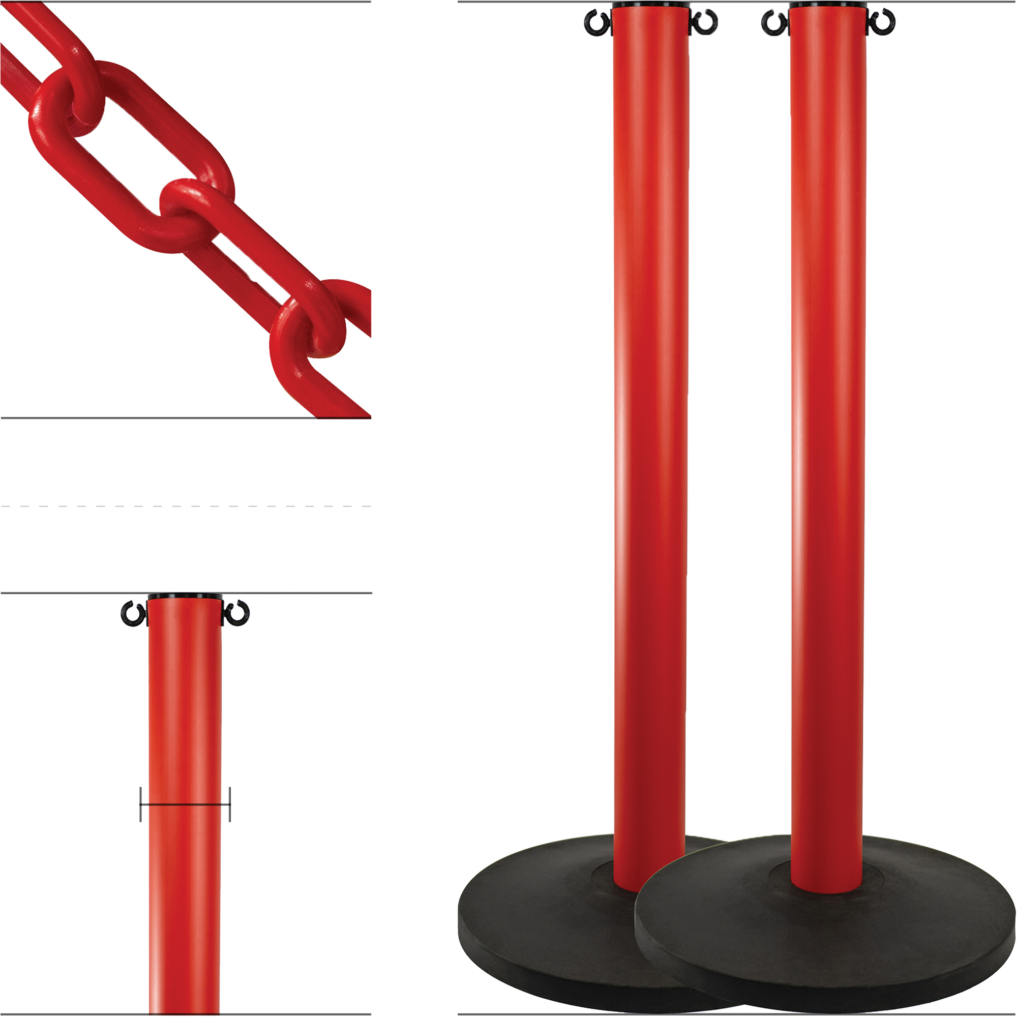 Ensemble de montants industriels avec chaîne en plastique, Hauteur de 37", Rouge