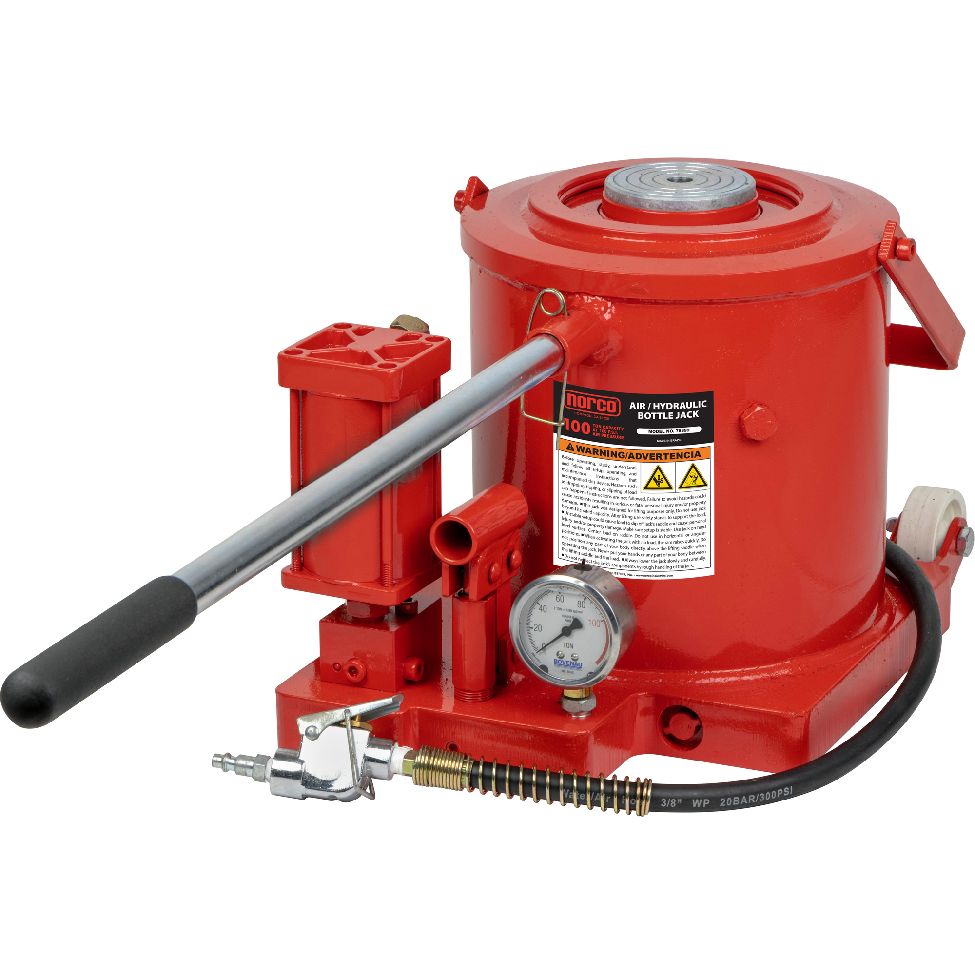 Cric-bouteille, 100 tonnes, Air comprimé/hydraulique, 17-7/10" Hauteur élevée