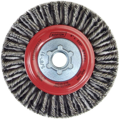 Brosse à fils noués pour cordons de soudure pour meuleuse angulaire, Dia. 4", Fils 0,02", Arbre 5/8"-11, Acier