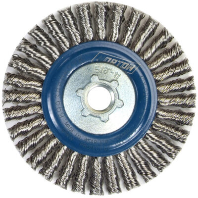 Brosse à fils noués pour cordons de soudure pour meuleuse angulaire, Dia. 4", Fils 0,02", Arbre 5/8"-11, Acier inoxydable