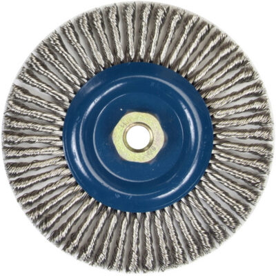 Brosse à fils noués pour cordons de soudure pour meuleuse angulaire, Dia. 6", Fils 0,02", Arbre 5/8"-11, Acier inoxydable