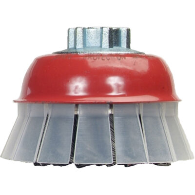 Brosse-boisseau à fils noués avec protecteur, 4" dia. x 5/8"-11 arbre
