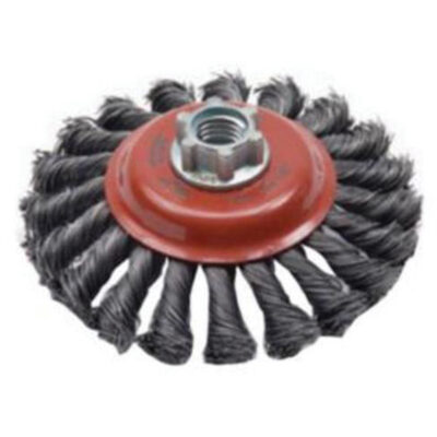 Brosse concave à fils noués torsadés, Dia. 4", Fils 0,02", Arbre 5/8"-11, Acier