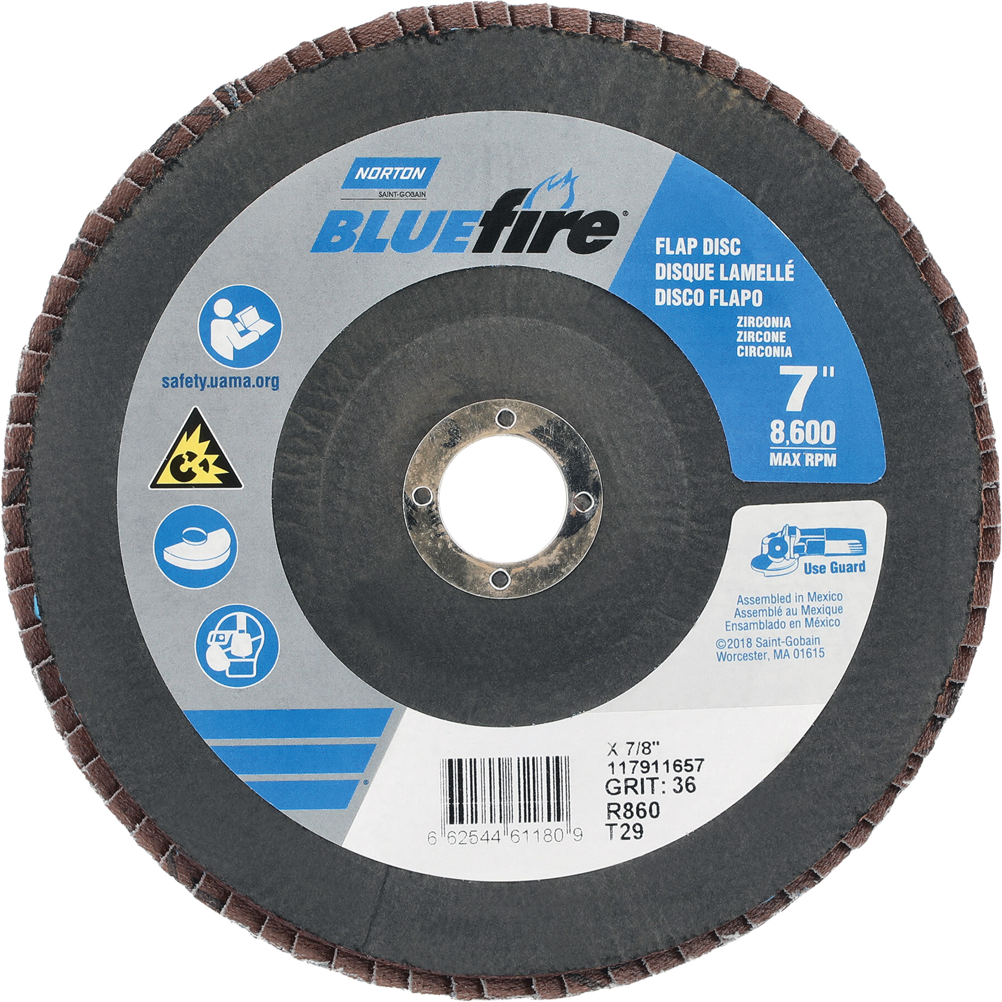 Disque à lamelle conique centré BlueFireMD R884P/R884V/R860, 7" x 7/8", Type 29, Grain P36, Alumine de zirconium
