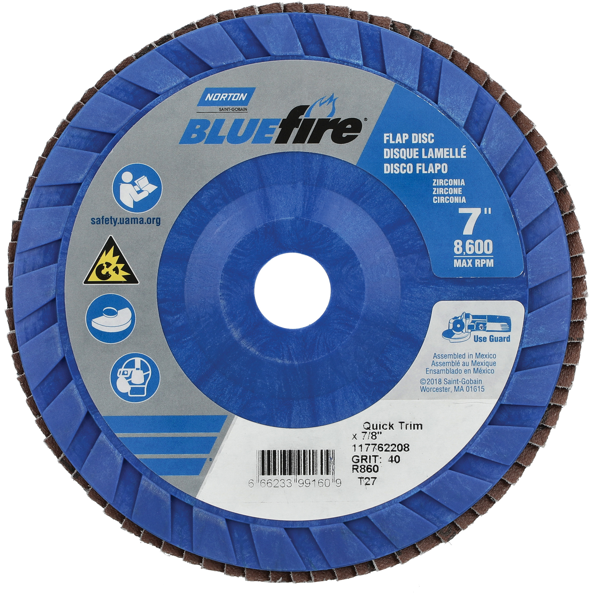 Disque à lamelles à garnissage rapide BueFire, 7" x 7/8", Type 27, Grain 40, Alumine de zirconium
