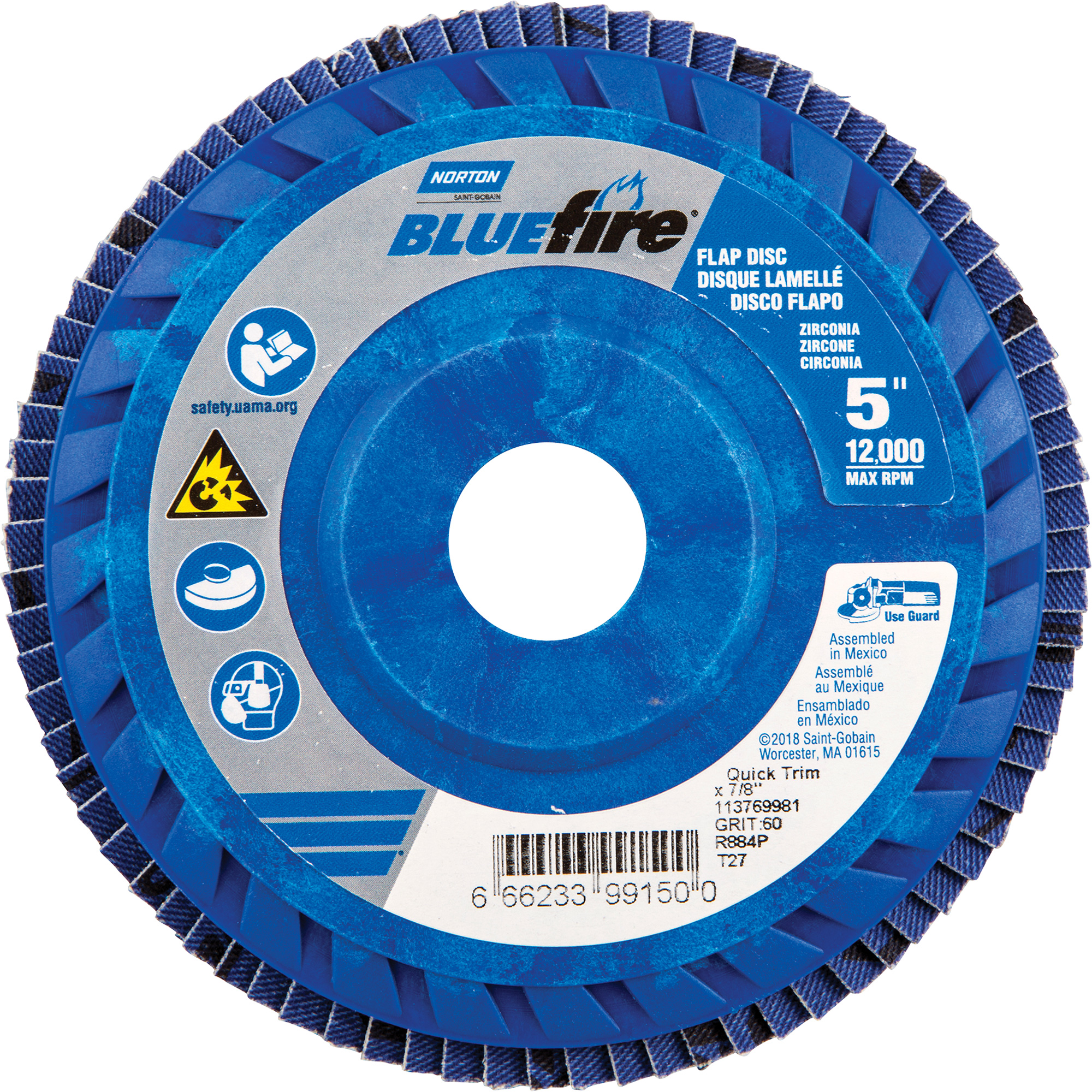 Disque à lamelles à grain grossier BlueFireMC, 5" x 7/8", Type 27, Grain 60, Alumine de zirconium