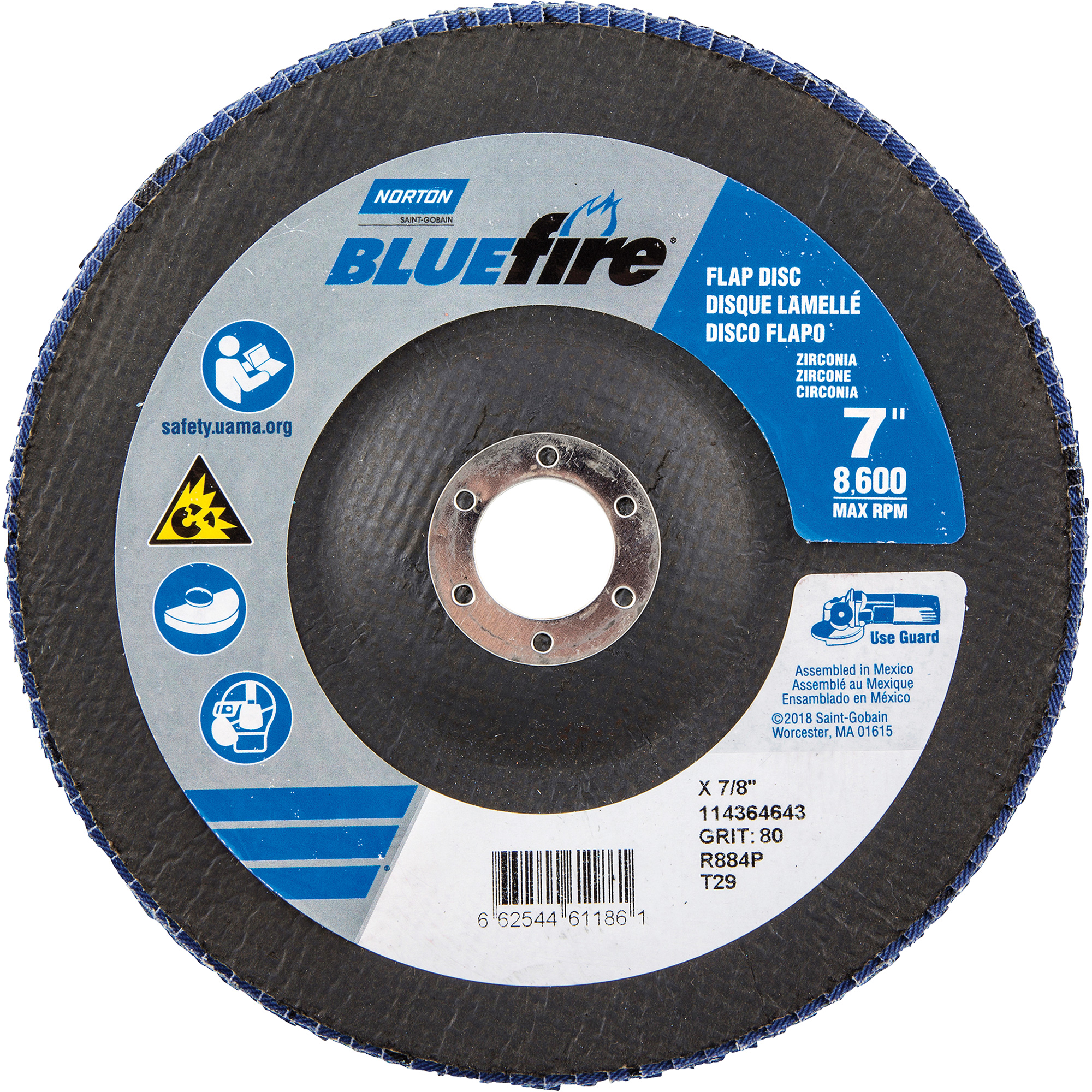 Disque à lamelles à grain grossier BlueFireMC, 7" x 7/8", Type 27, Grain 80, Alumine de zirconium