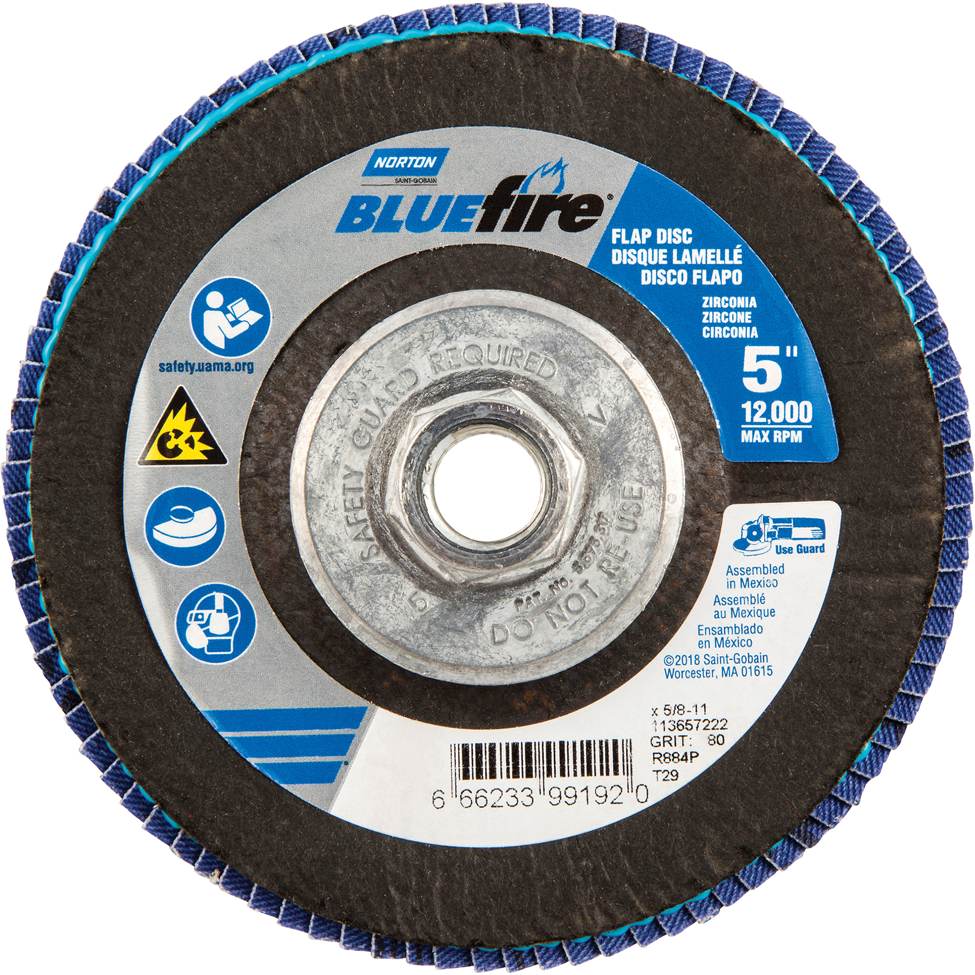 Disque à lamelles BlueFireMD, 5" x 5/8"-11, Type 29, Grain 80, Alumine de zirconium