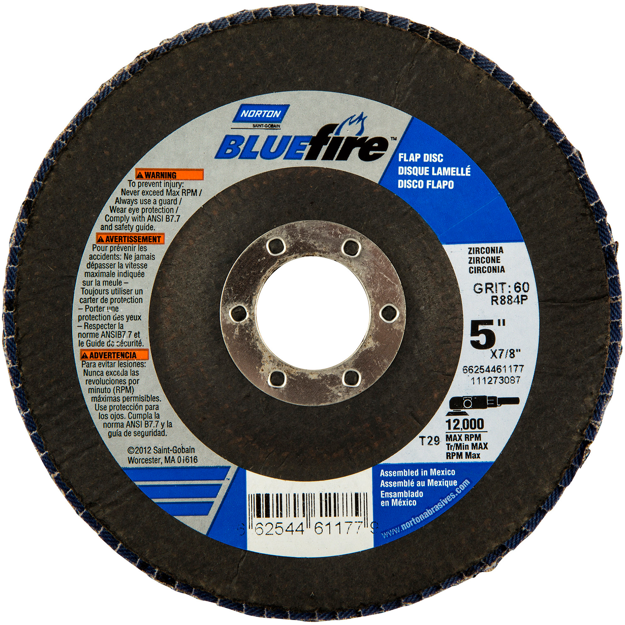 Disque à lamelles BlueFire, 5" x 7/8", Type 29, Grain 36, Alumine de zirconium