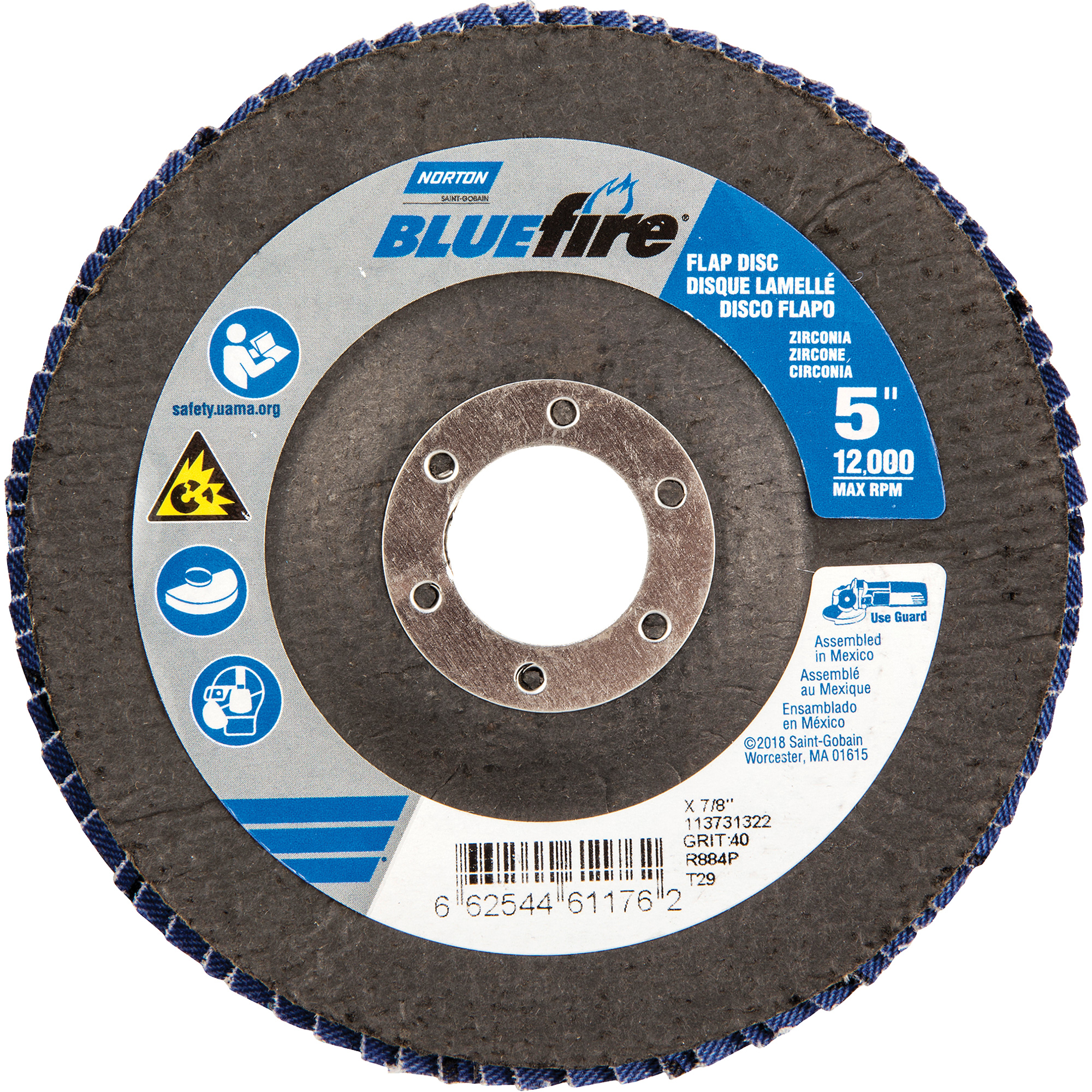 Disque à lamelles Bluefire, 5" x 7/8", Type 29, Grain 40, Alumine de zirconium