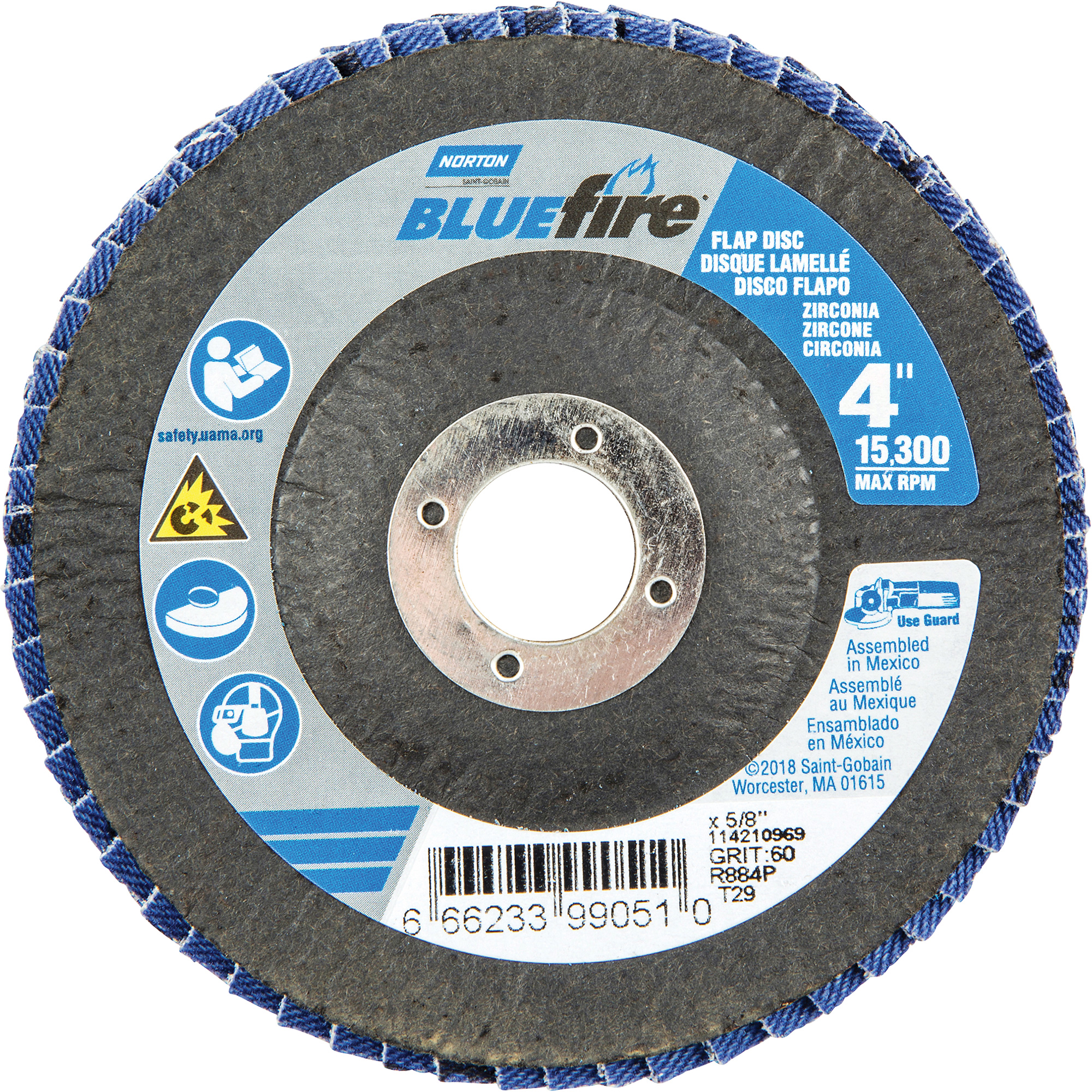 Disque à lamelles coniques R884P BlueFireMD, 4" x 5/8", Type 29, Grain P60, Alumine de zirconium