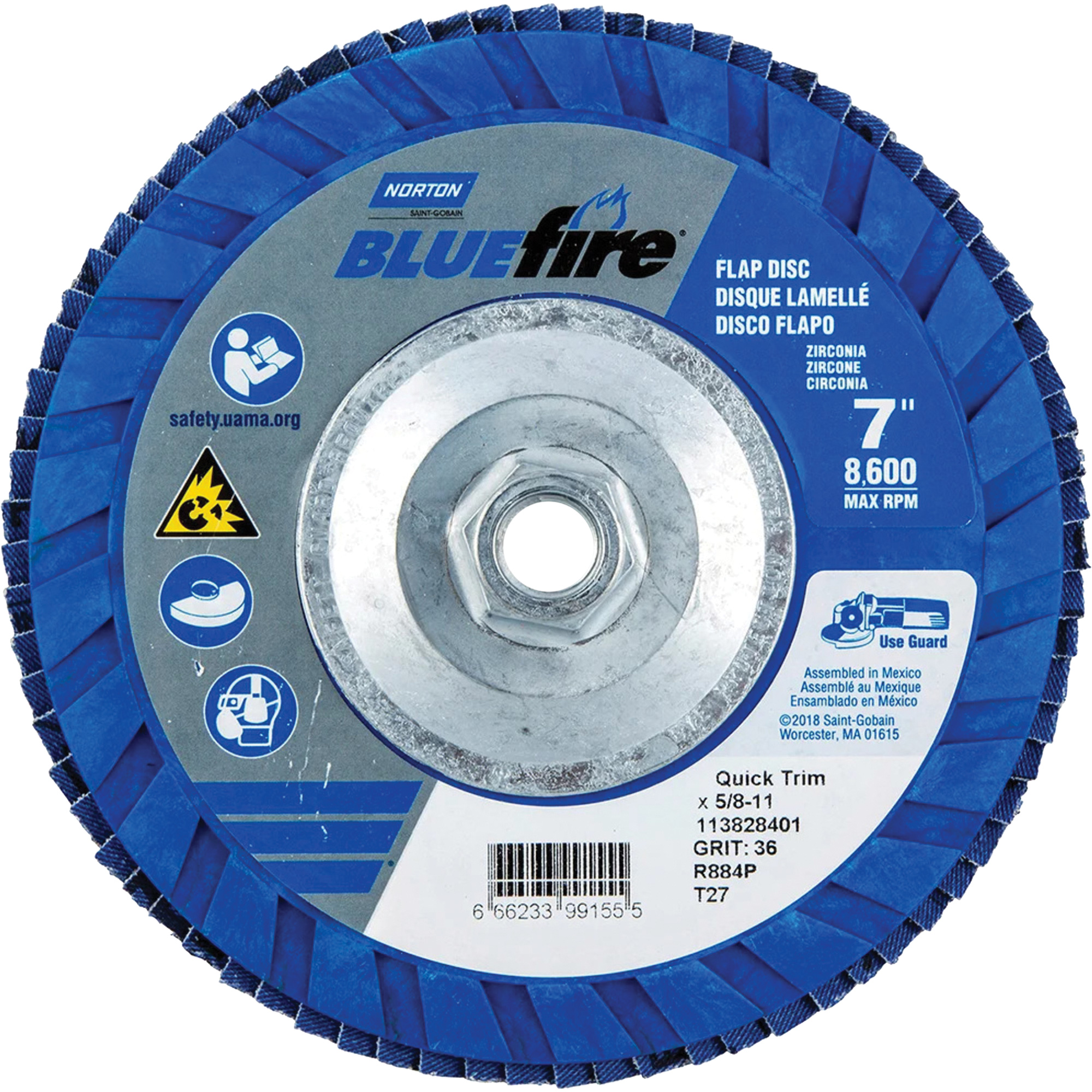 Disque à lamelles de densité standard BlueFireMD, 7" x 5/8"-11, Type 27, Grain P36, Alumine de zirconium