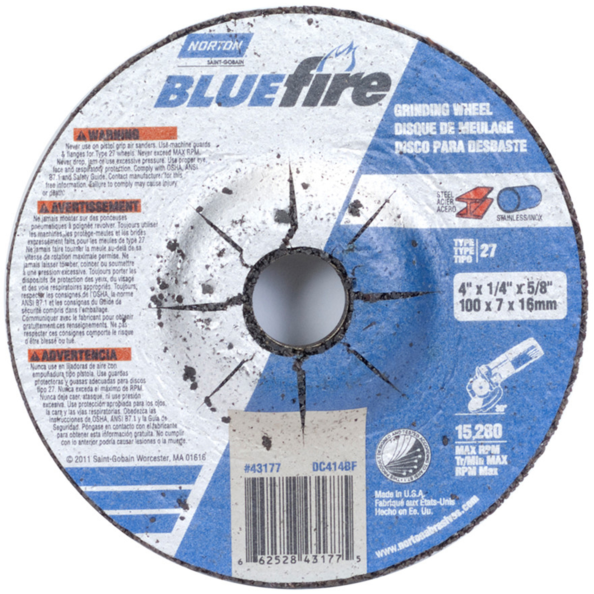 Disque à moyeu déporté BluefireMD, 4" x 1/4", Arbre de 5/8", Type 27, Alumine de zirconium, 15280 Tr/min
