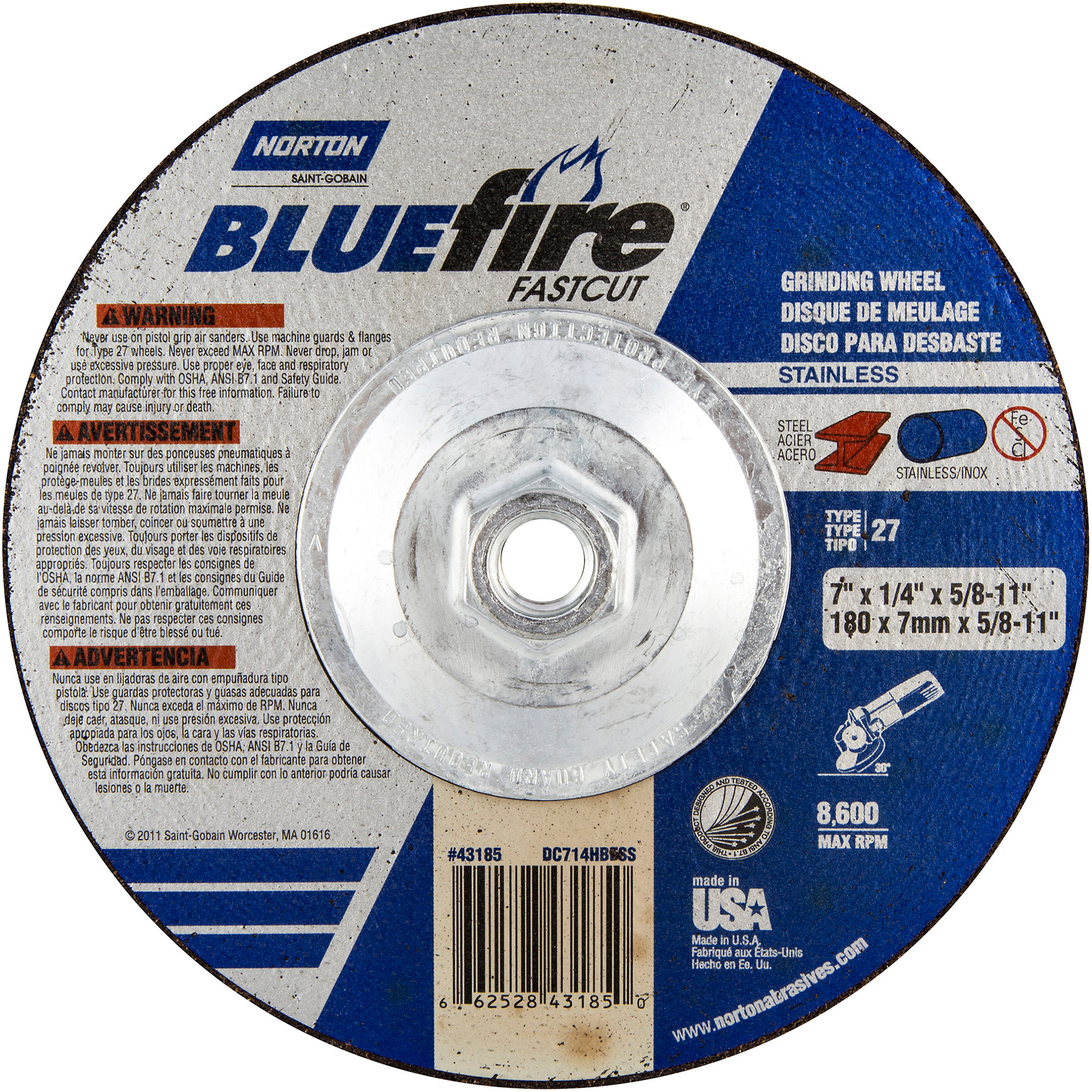 Disque à moyeu déporté BluefireMD, 7" x 1/4", Arbre 5/8"-11, Alumine de zirconium, Type 27