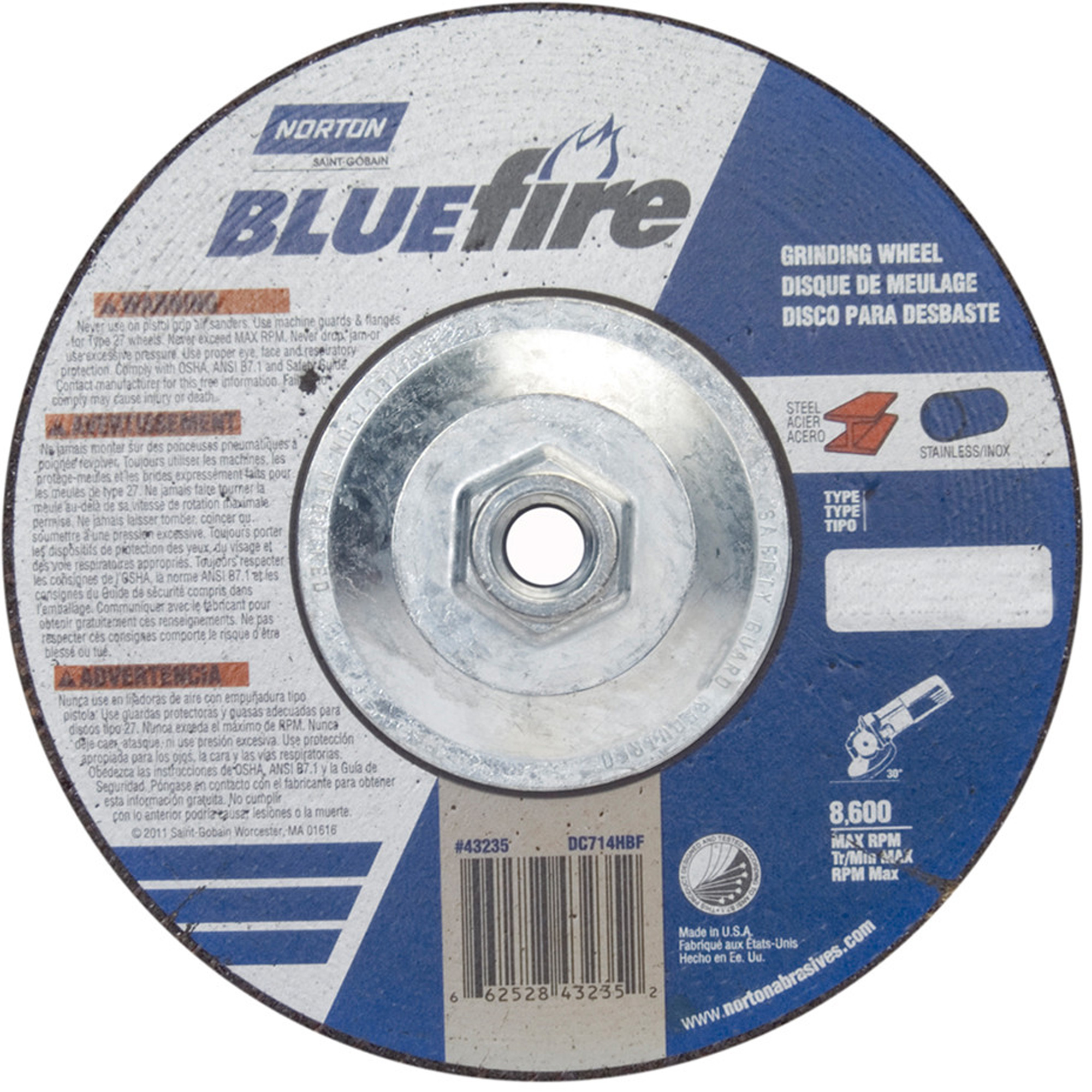Disque à moyeu déporté FastcutMC BluefireMD, 7" x 1/4", Arbre 5/8"-11, Alumine de zirconium, Type 27