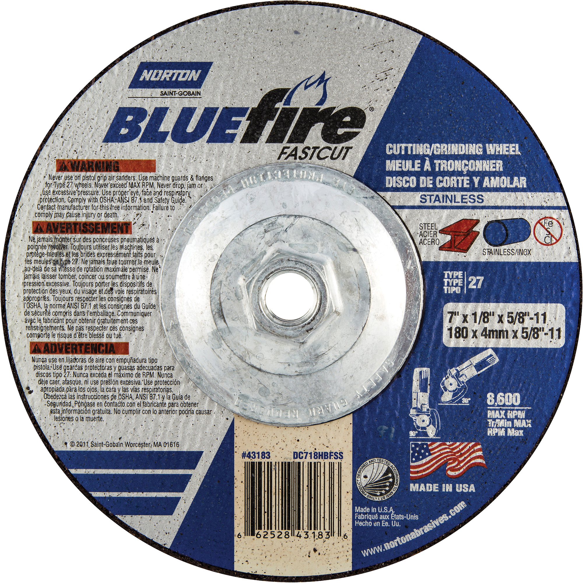 Disque à moyeu déporté FastcutMC BluefireMD, 7" x 1/8", Arbre 5/8"-11, Oxyde d'aluminium/Alumine de zirconium, Type 27