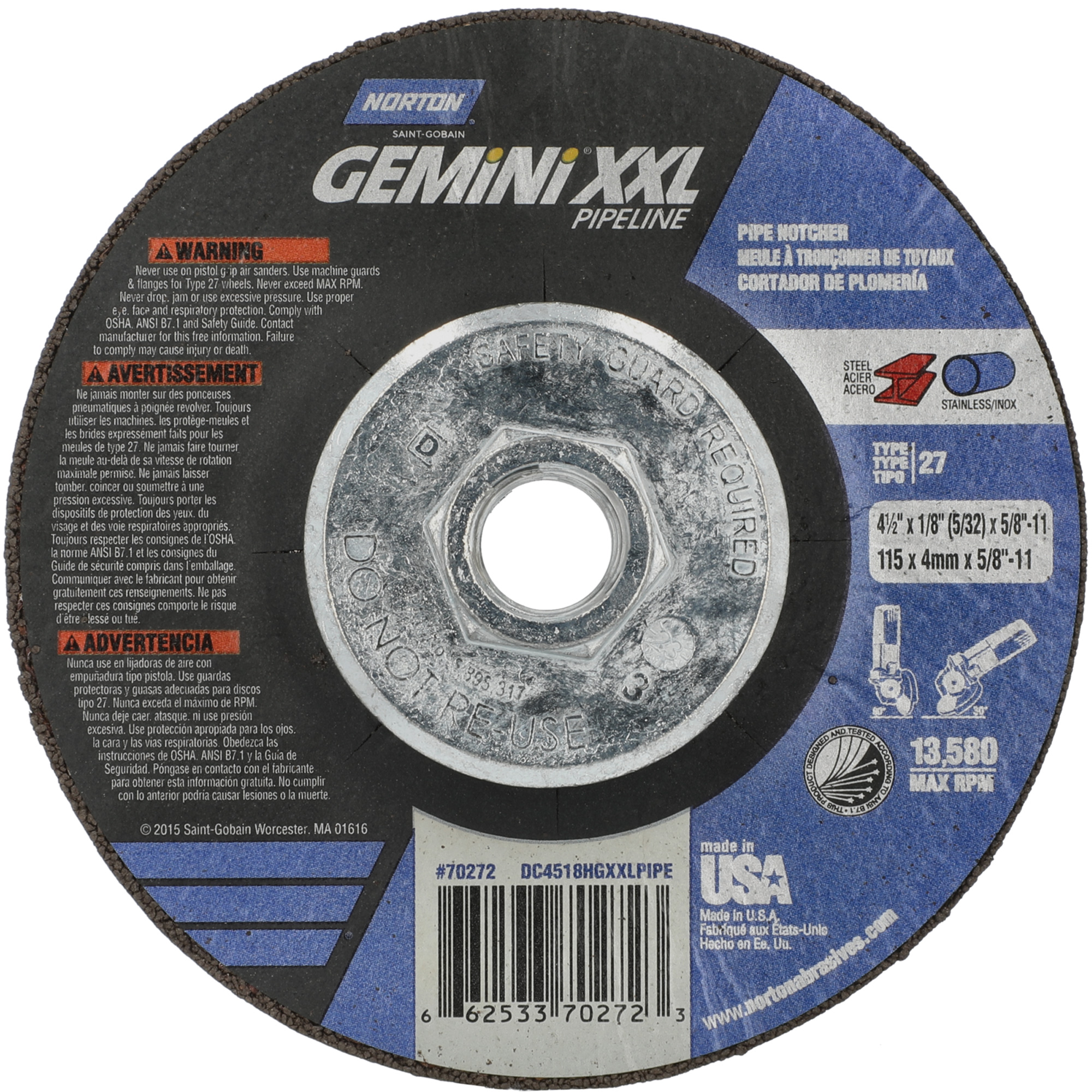 Disque combiné de meulage et tronçonnage Gemini XXL, 4-1/2" x 1/8", Arbre de 5/8"-11, Type 27, Oxyde d'aluminium