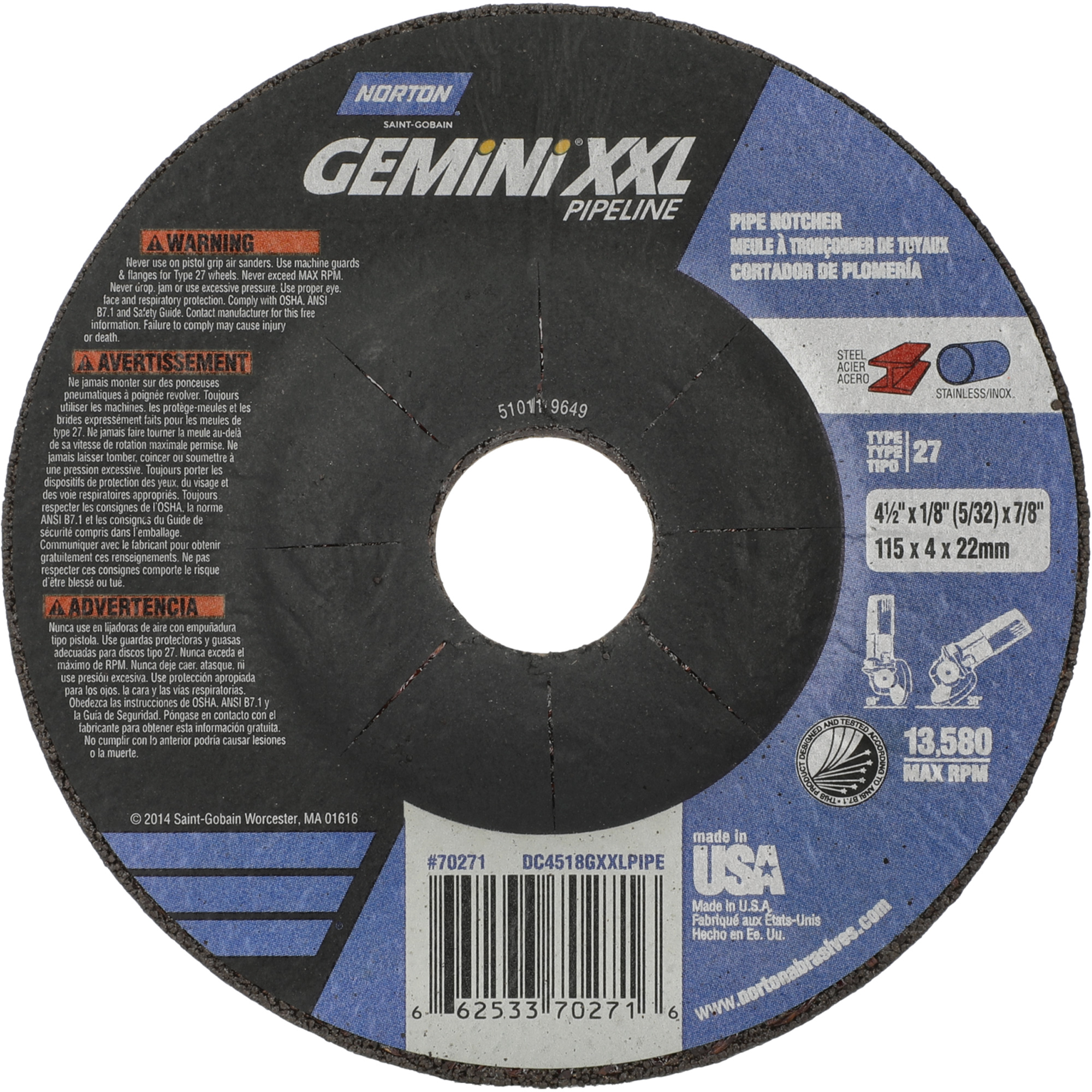 Disque combiné de meulage et tronçonnage Gemini XXL, 4-1/2" x 1/8", Arbre de 7/8", Type 27, Oxyde d'aluminium