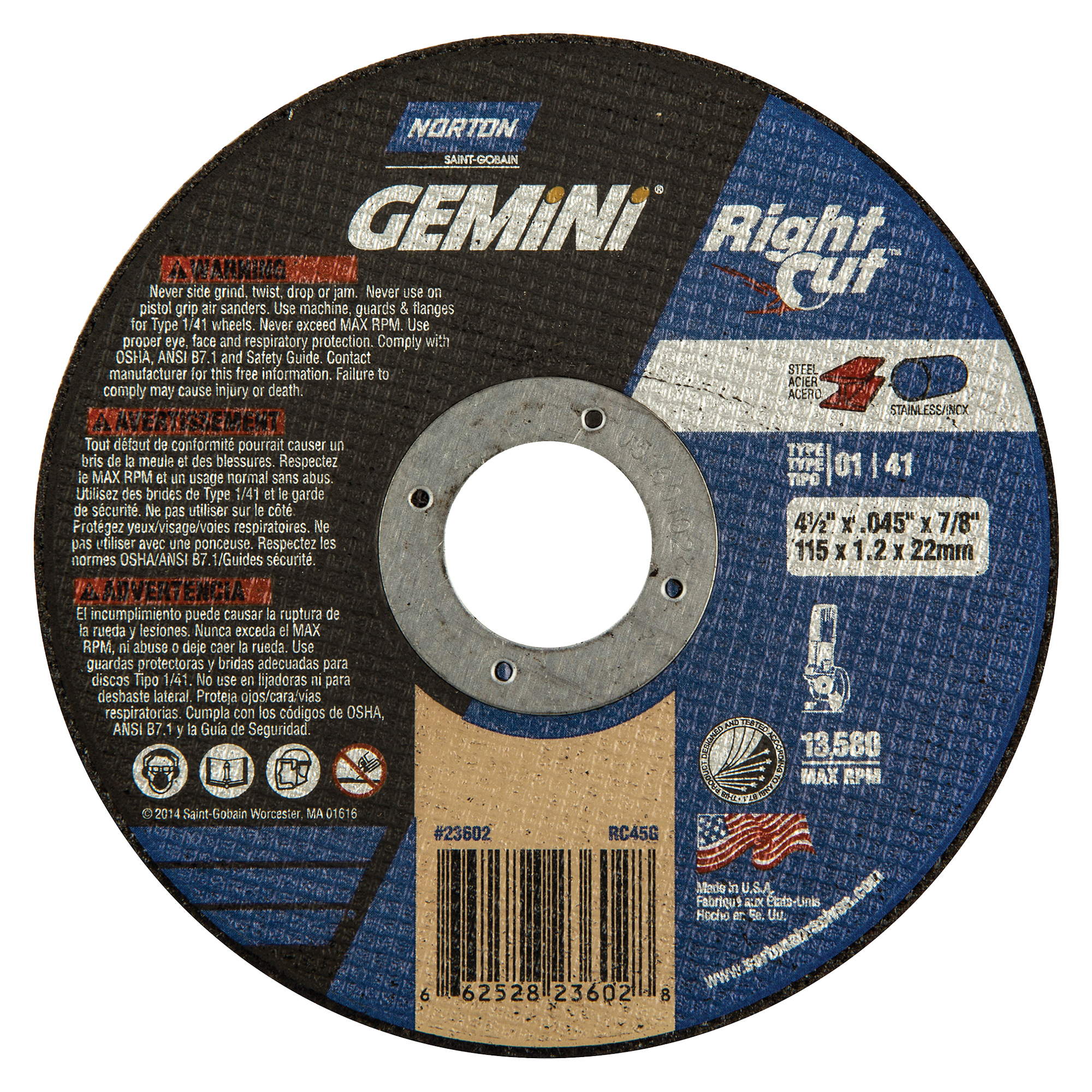 Disque de coupe GeminiMD, 4-1/2" x 0,045", Arbre de 7/8", Type 1, Oxyde d'aluminium, 13580 Tr/min