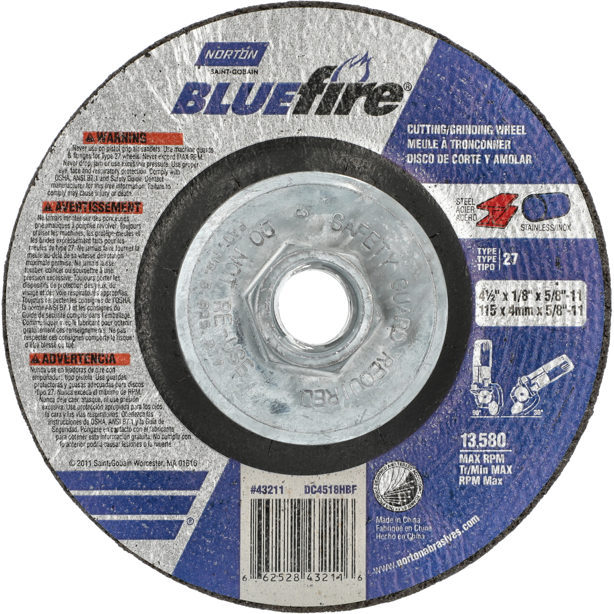Disque de meulage et tronçonnage BlueFire, 4-1/2" x 1/8", Arbre de 5/8"-11, Type 27, Alumine de zirconium