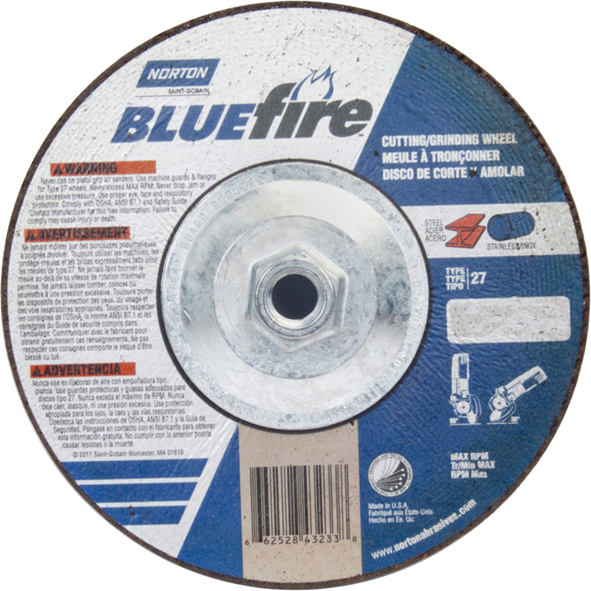 Disque de meulage et tronçonnage BlueFire, 7" x 1/8", Arbre de 5/8"-11, Type 27, Alumine de zirconium