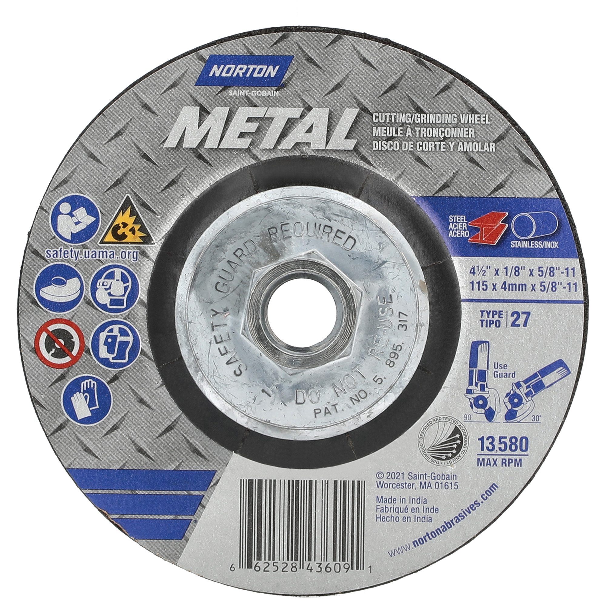 Disque de meulage et tronçonnage métallique, 4-1/2" x 1/8", Arbre de 5/8"-11, Type 27, Oxyde d'aluminium