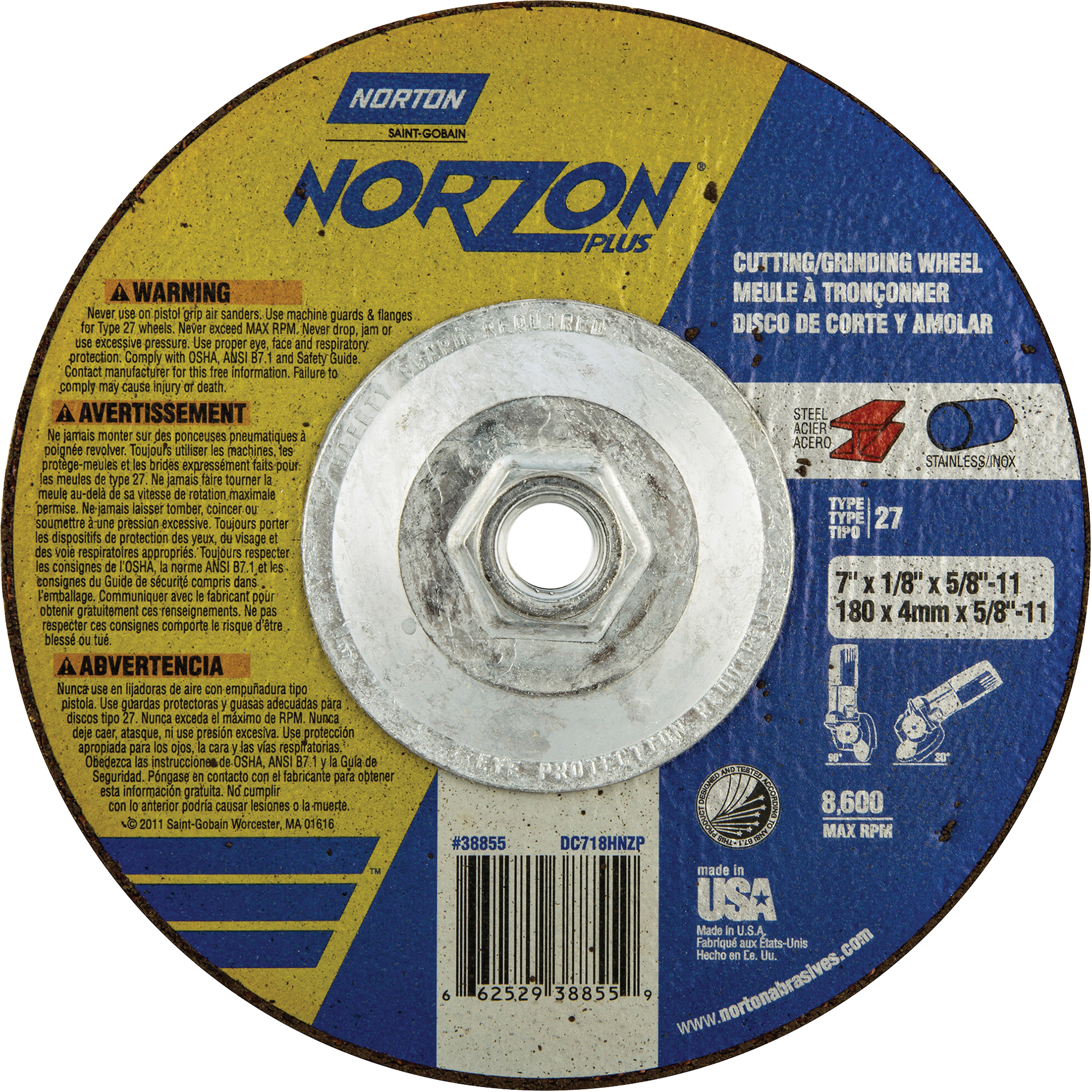 Disque de meulage et tronçonnage NorZon Plus SGZ, 7" x 1/8", Arbre de 5/8"-11, Type 27, Céramique d'alumine