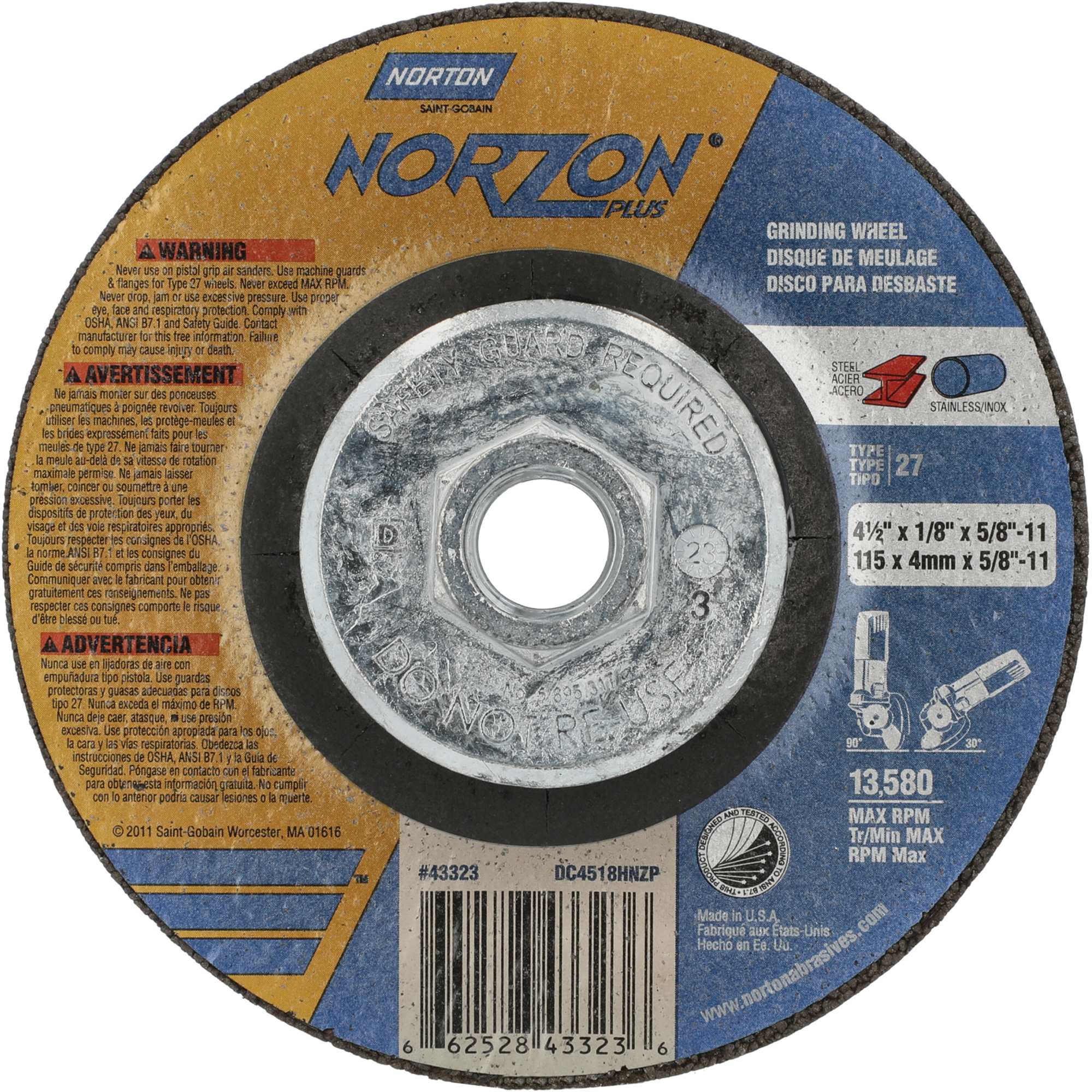 Disque de meulage et tronçonnage NorZon Plus SGZ CA, 4-1/2" x 1/8", Arbre de 5/8"-11, Type 27, Céramique d'alumine