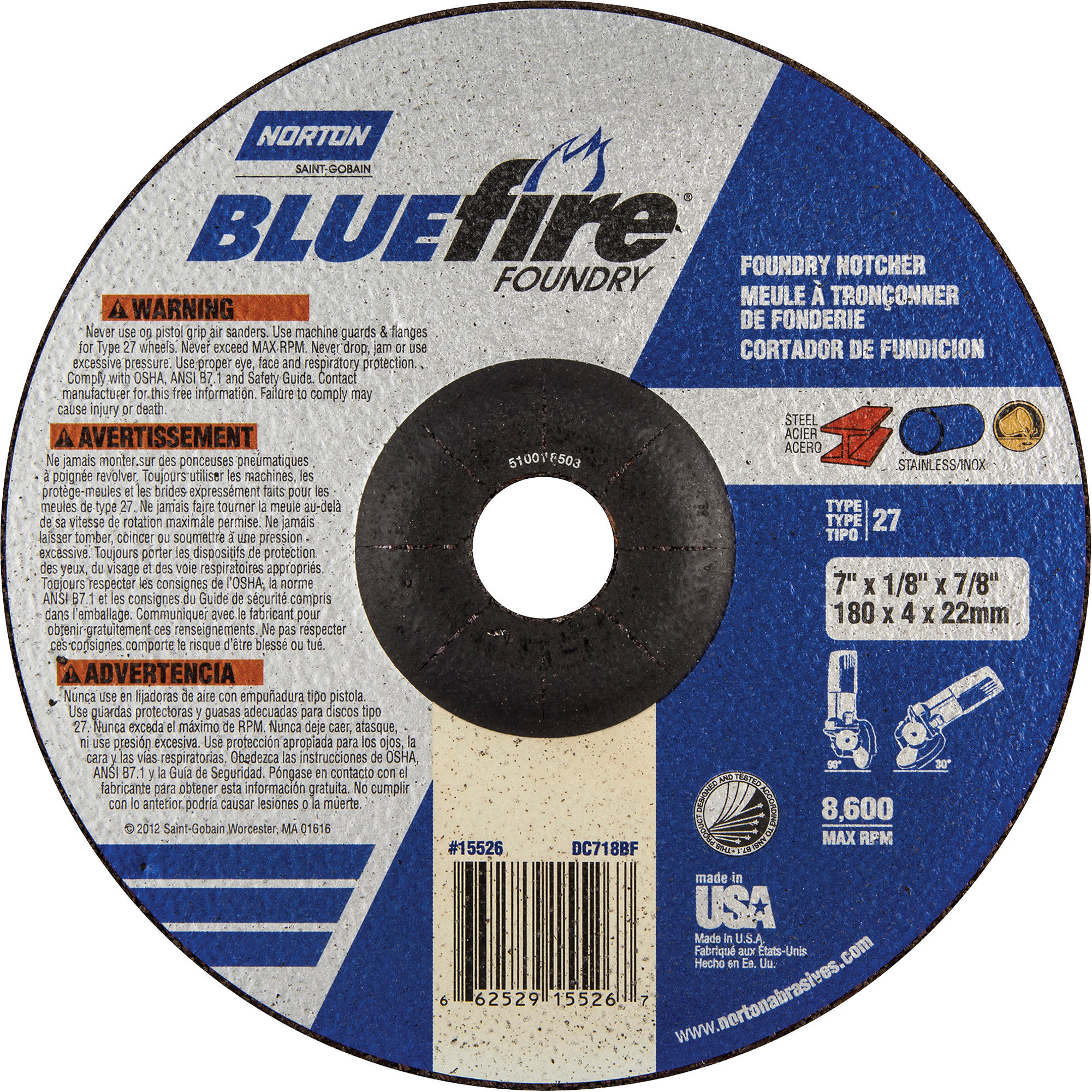 Disque de rectification et de tronçonnage pour fonderie BlueFireMD, 7" x 1/8", Arbre de 7/8", Type 27, Carbure de silicium/Alumine de zirconium, 8600 Tr/min