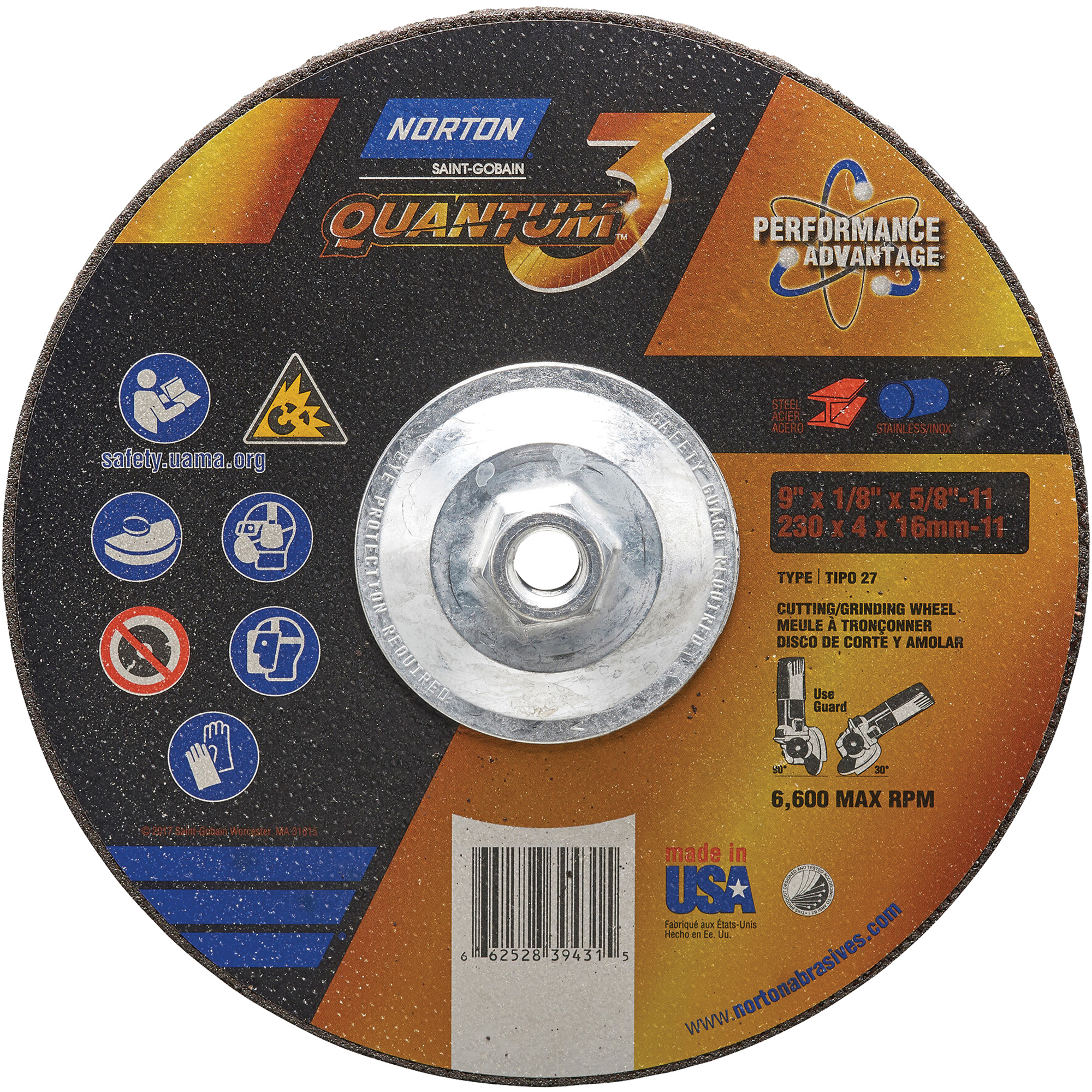 Disque de rectification et de tronçonnage Quantum3MC, 9" x 1/8", Arbre de 5/8"-11, Type 27, Grain de 24, Céramique d'alumine