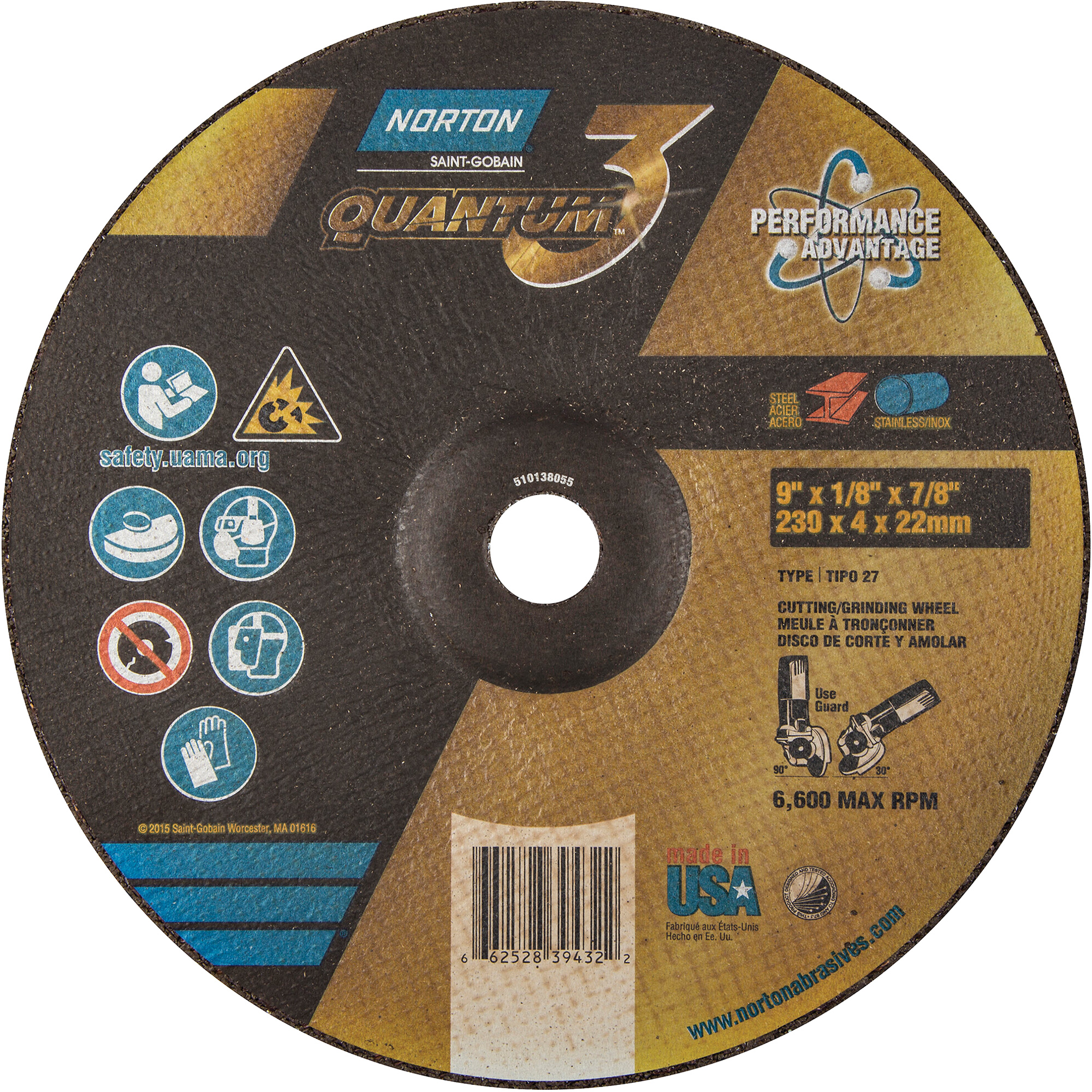 Disque de rectification et de tronçonnage Quantum3MC, 9" x 1/8", Arbre de 7/8", Type 27, Grain de 24, Céramique d'alumine