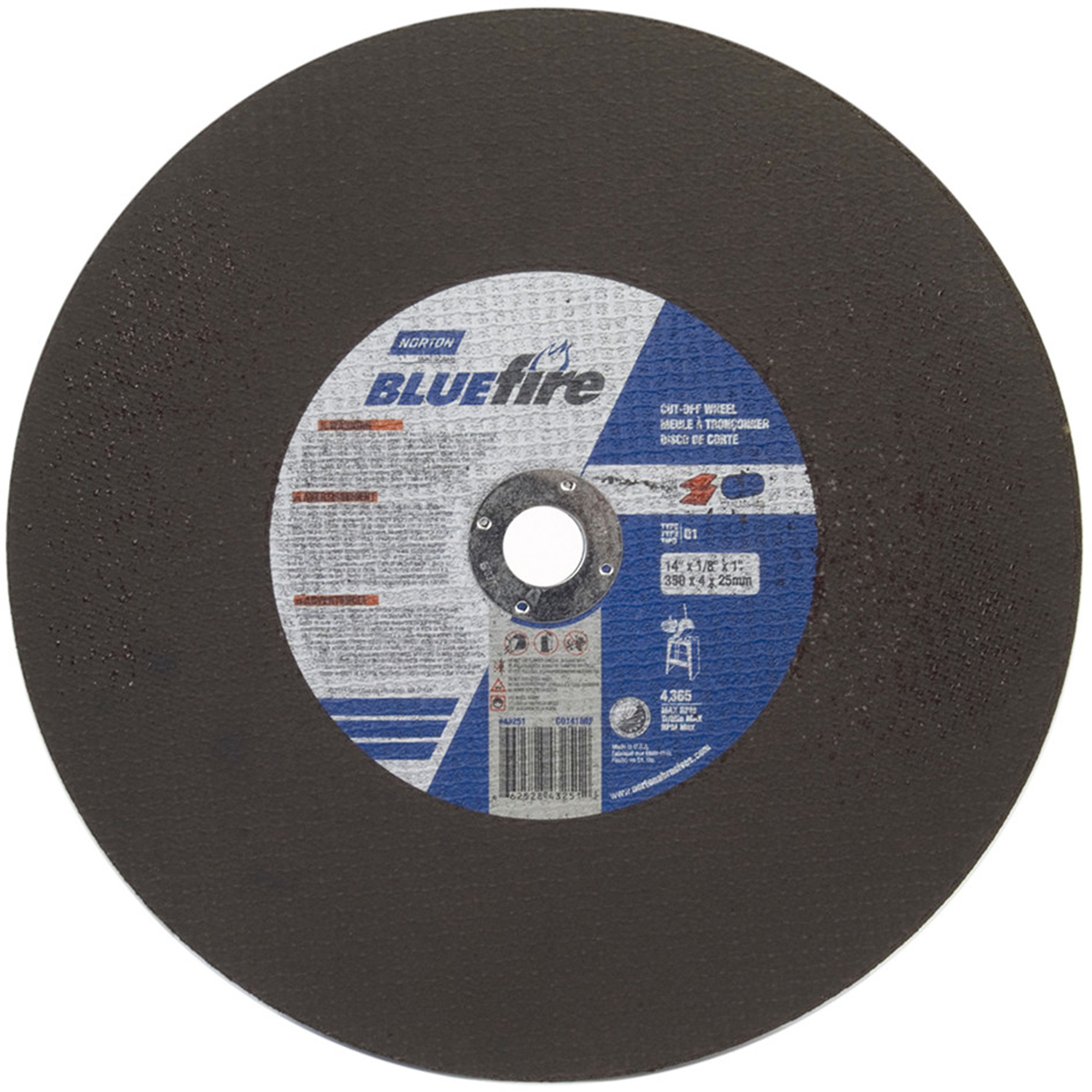 Disques à tronçonner stationnaires BlueFireMD, 14" x 1/8", Arbre de 1", Type 01/41, Alumine de zirconium, 4365 Tr/min