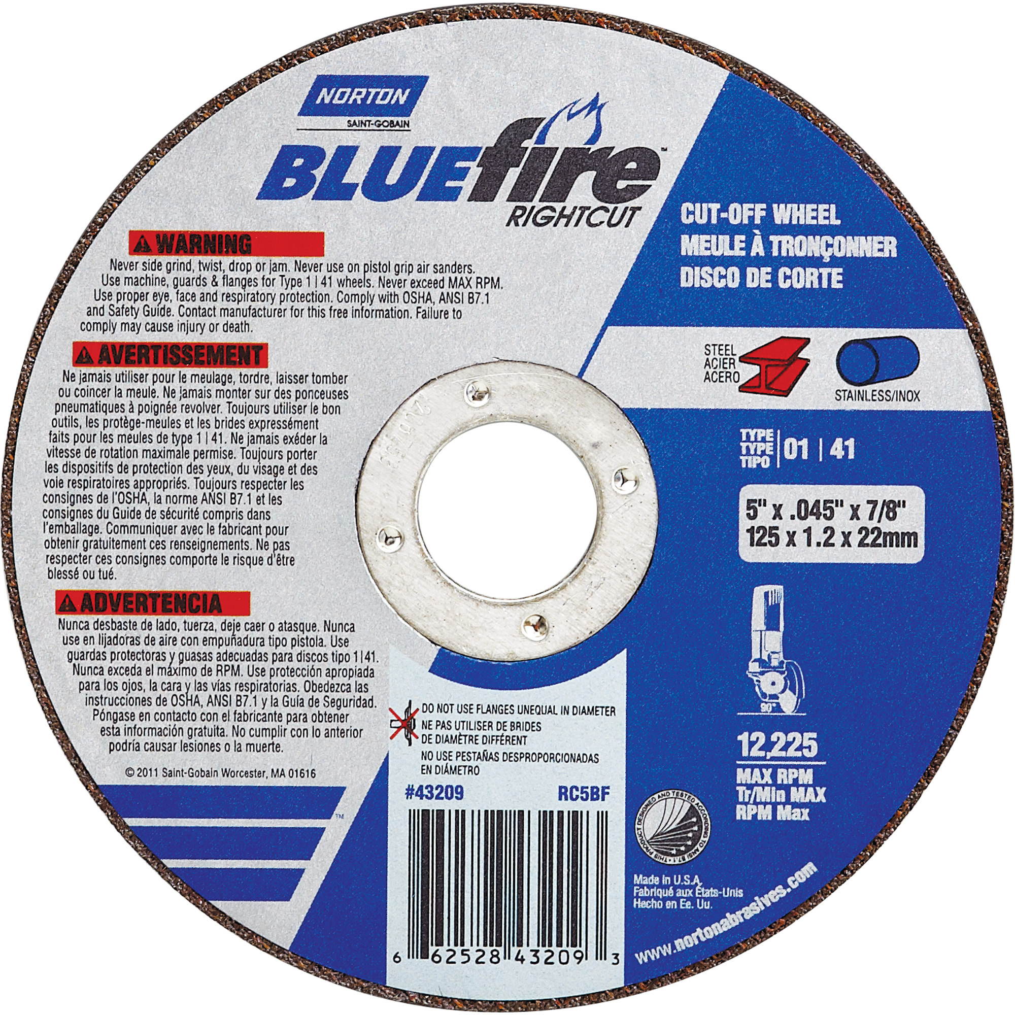 Meule à découper BluefireMD, 5" x 0,045"/1/16", Arbre de 7/8", Type 01/41, Oxyde d'aluminium/Zirconium, 12225 Tr/min