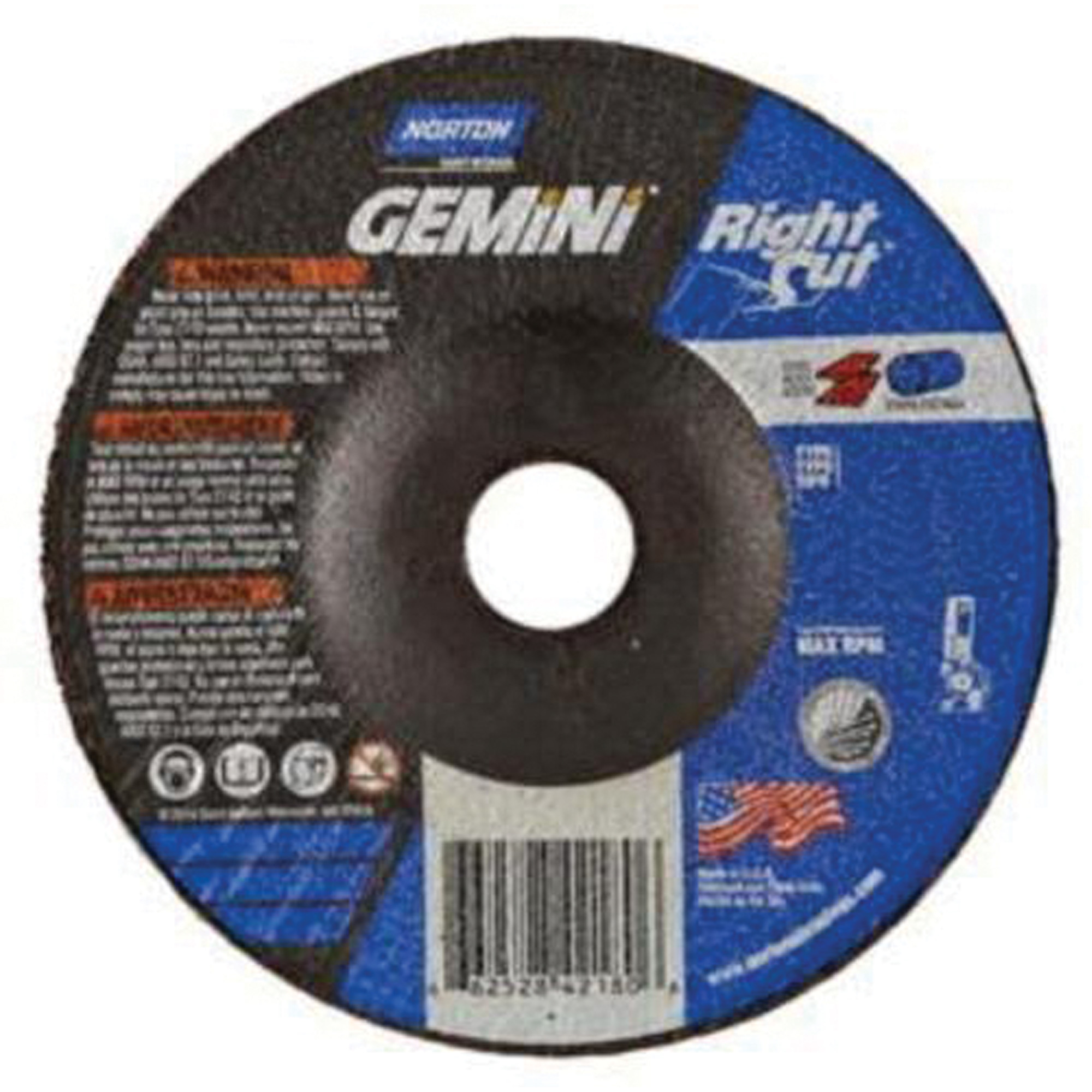 Meule à découper GeminiMD RightCutMC, 4" x 0,045", Arbre de 5/8", Type 27/42, Oxyde d'aluminium, 15280 Tr/min