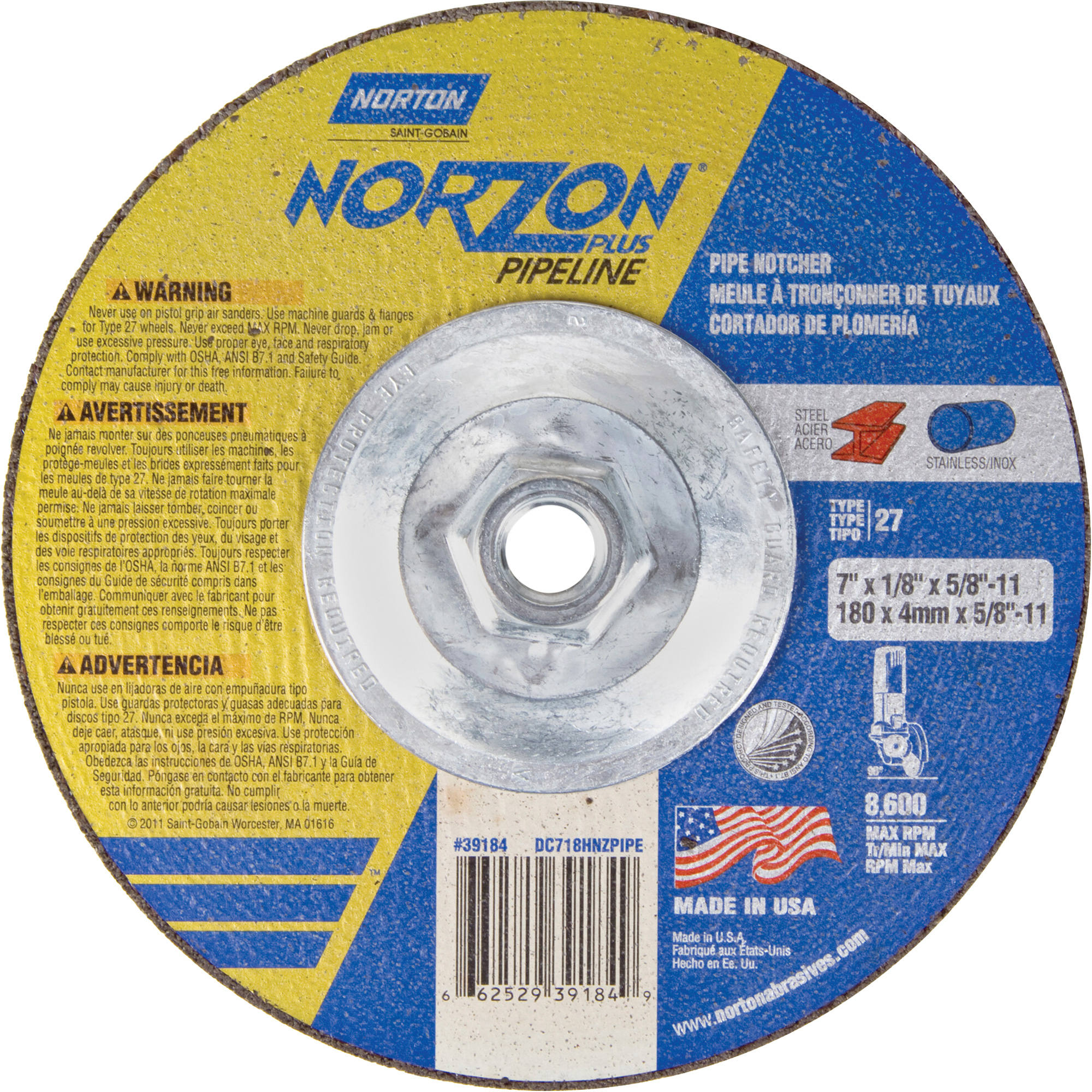 Meule à tronçonner à angle droit NorZon Plus SGZ, 7" x 1/8", Arbre de 5/8"-11, Type 27/42, Céramique d'alumine, 8600 Tr/min